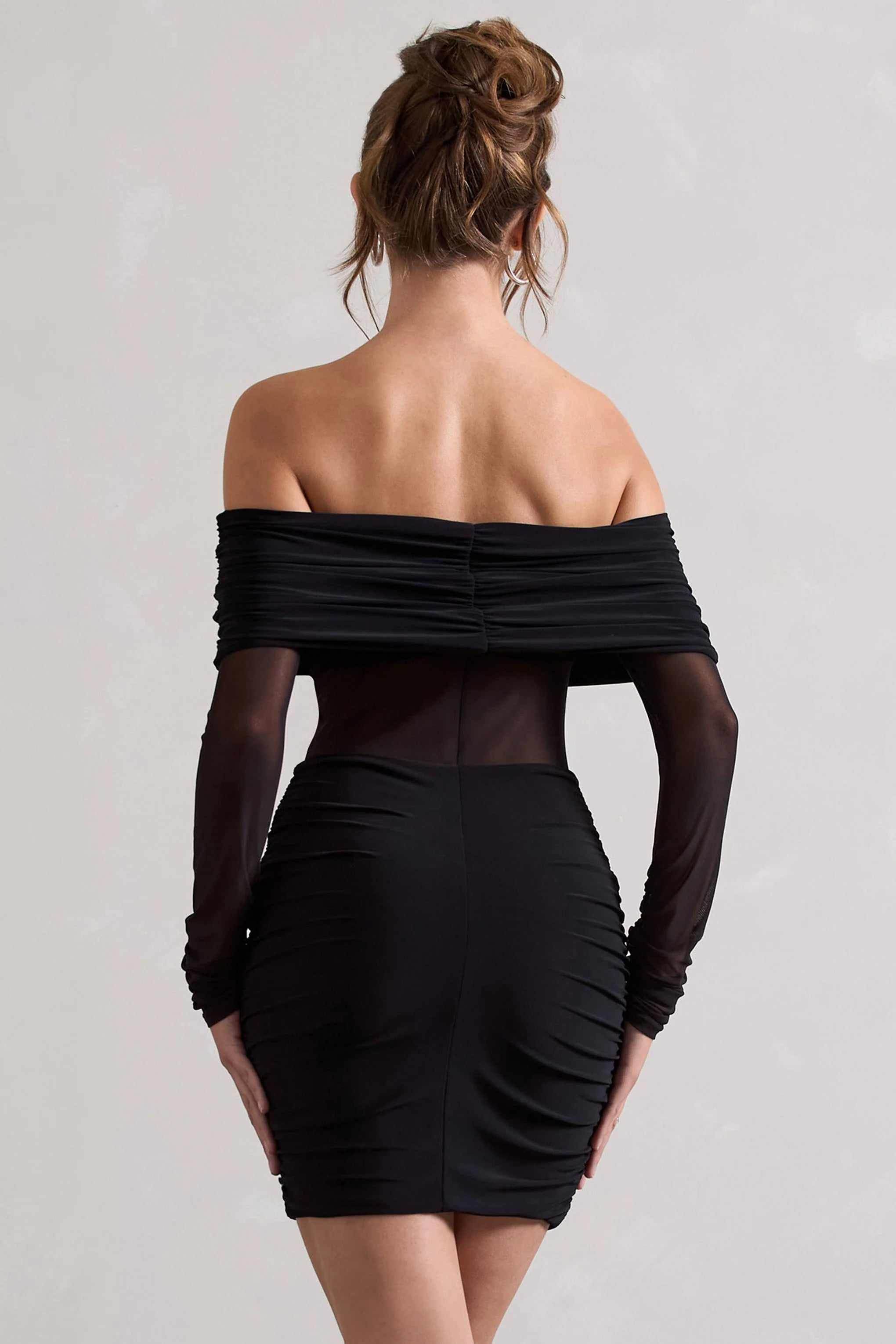 Dallas | Black Ruched Bardot Long-Sleeve Mini Dress