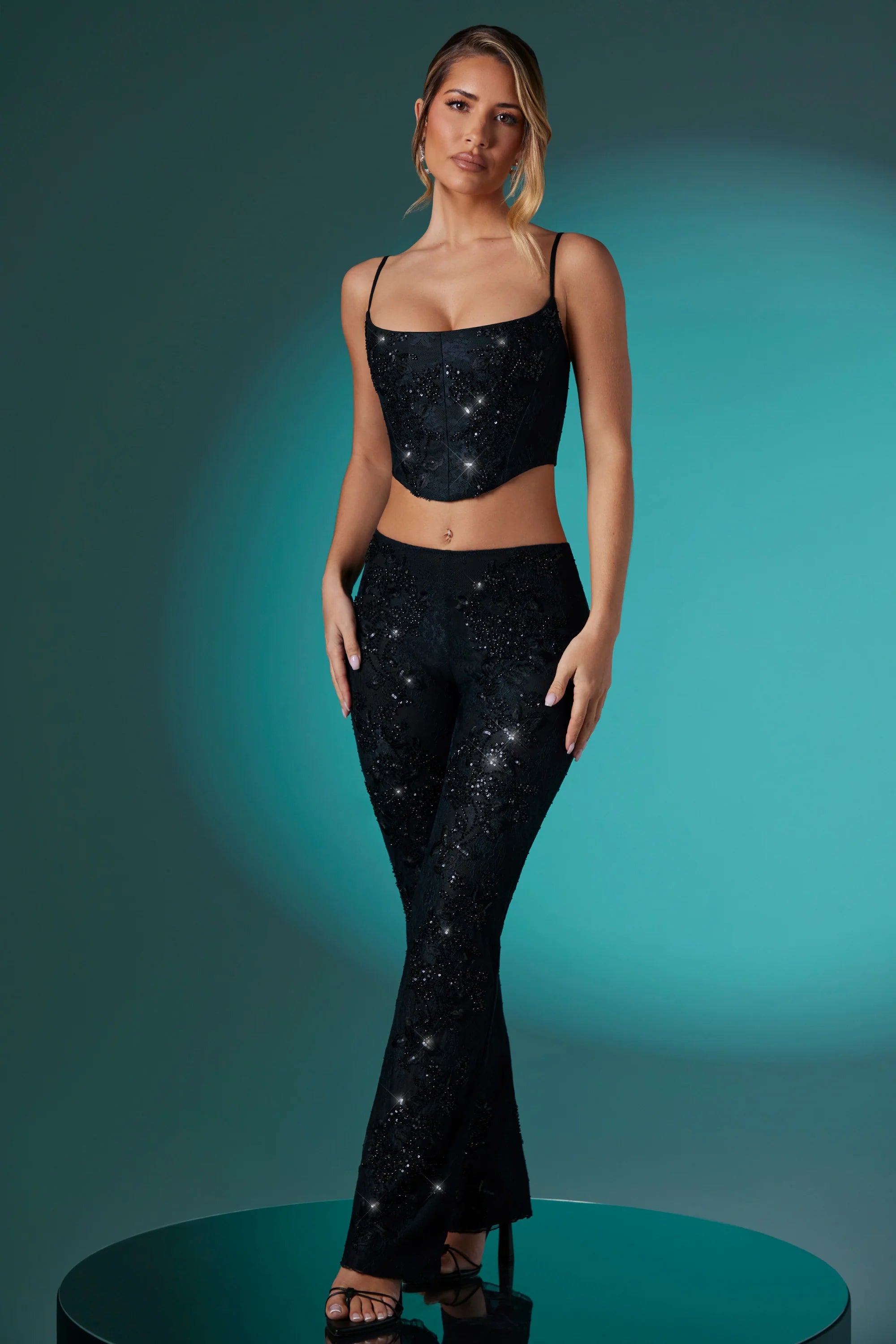 Tall Embellished Lace Low Rise Trousers in Black