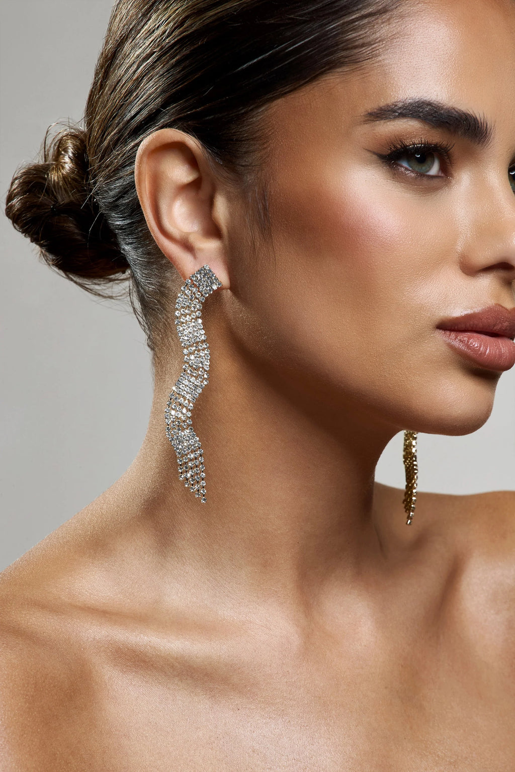 Swirl | Gold Diamante Curve Tassel Earrings