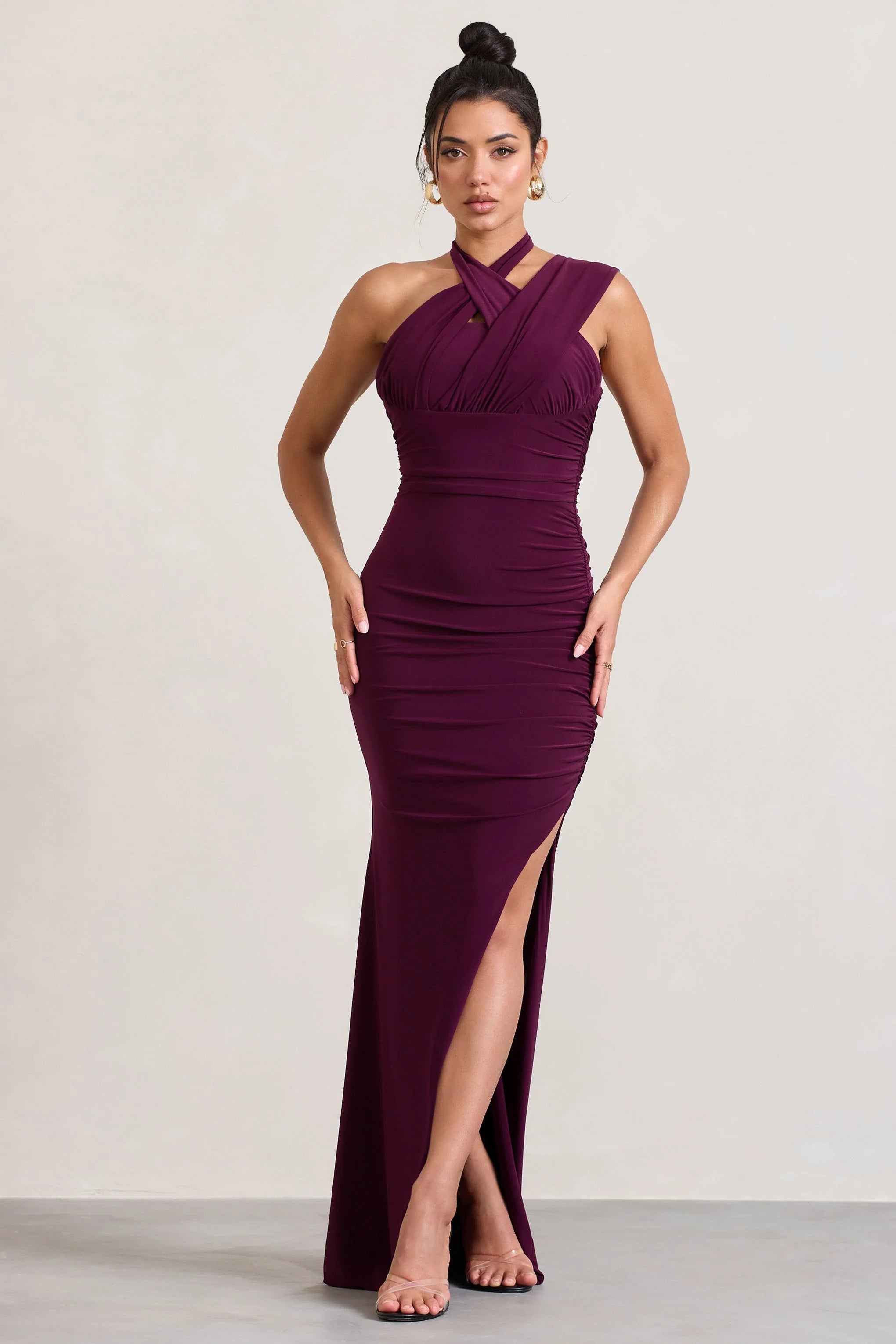 Ignite | Burgundy Strappy Halter-Neck Asymmetric Maxi Dress