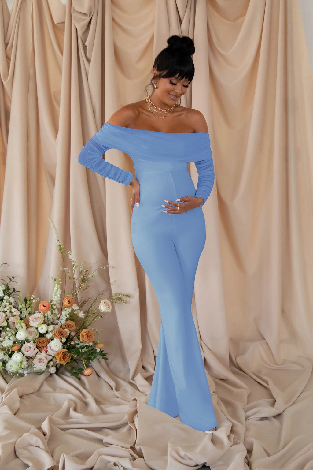 Count Down | Powder Blue Maternity Ruched Mesh Bardot Jumpsuit