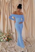 Count Down | Powder Blue Maternity Ruched Mesh Bardot Jumpsuit