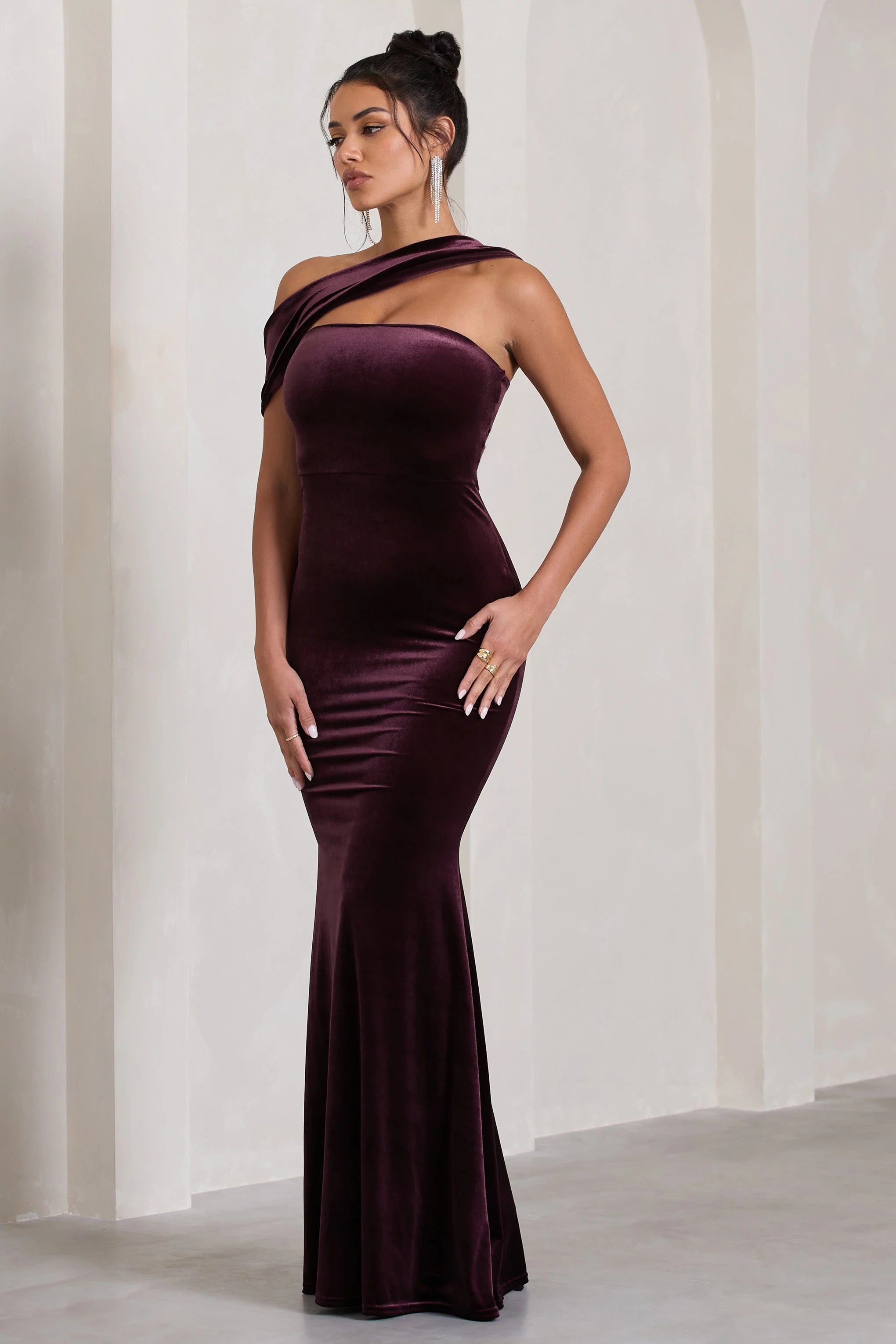 Candela | Port Velvet Asymmetric Bardot Maxi Dress