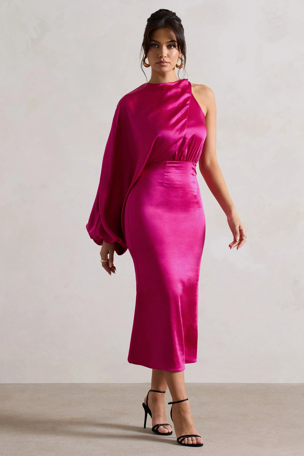 Nola | Dark Pink Satin One-Sleeve Midi Dress