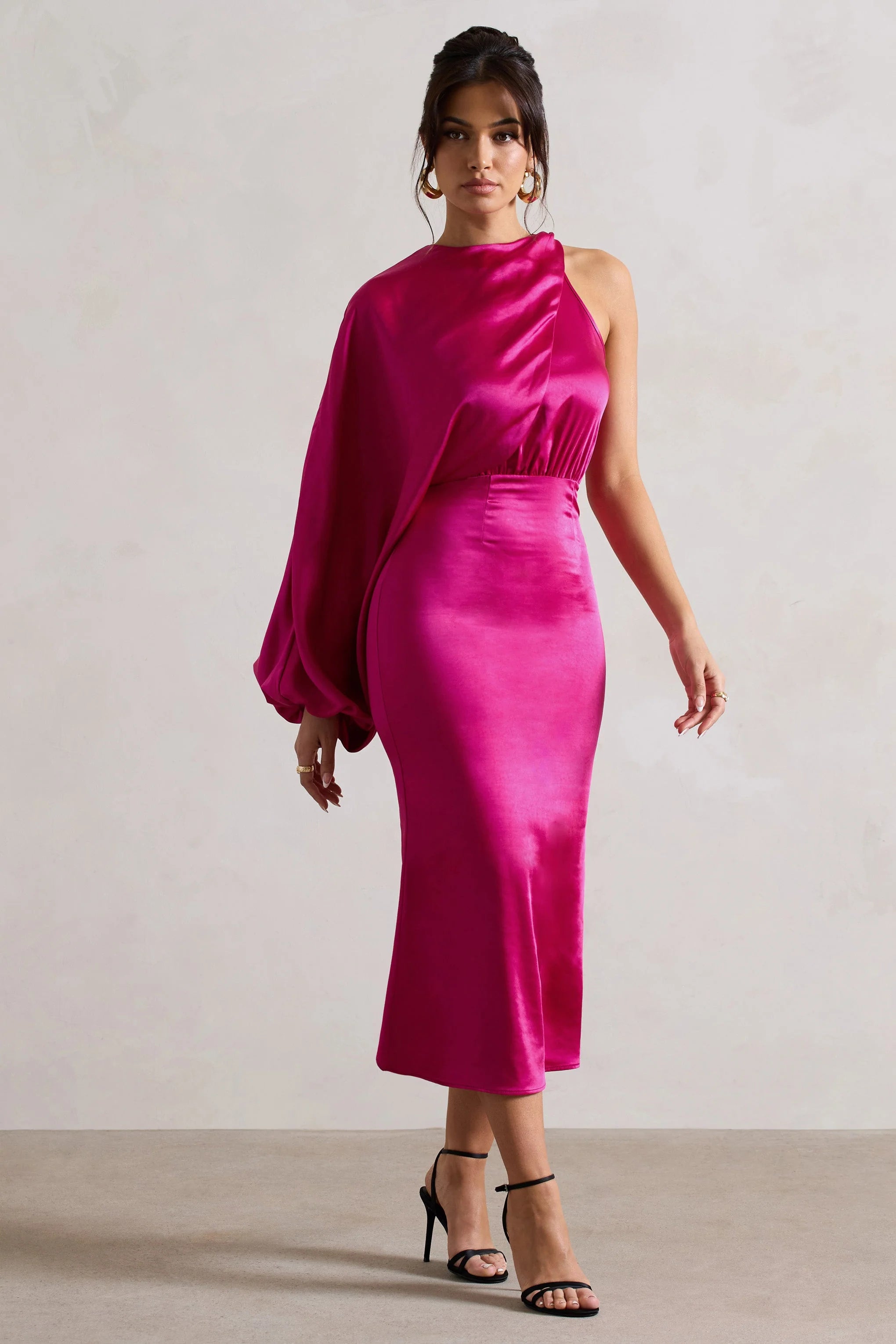 Nola | Dark Pink Satin One-Sleeve Midi Dress