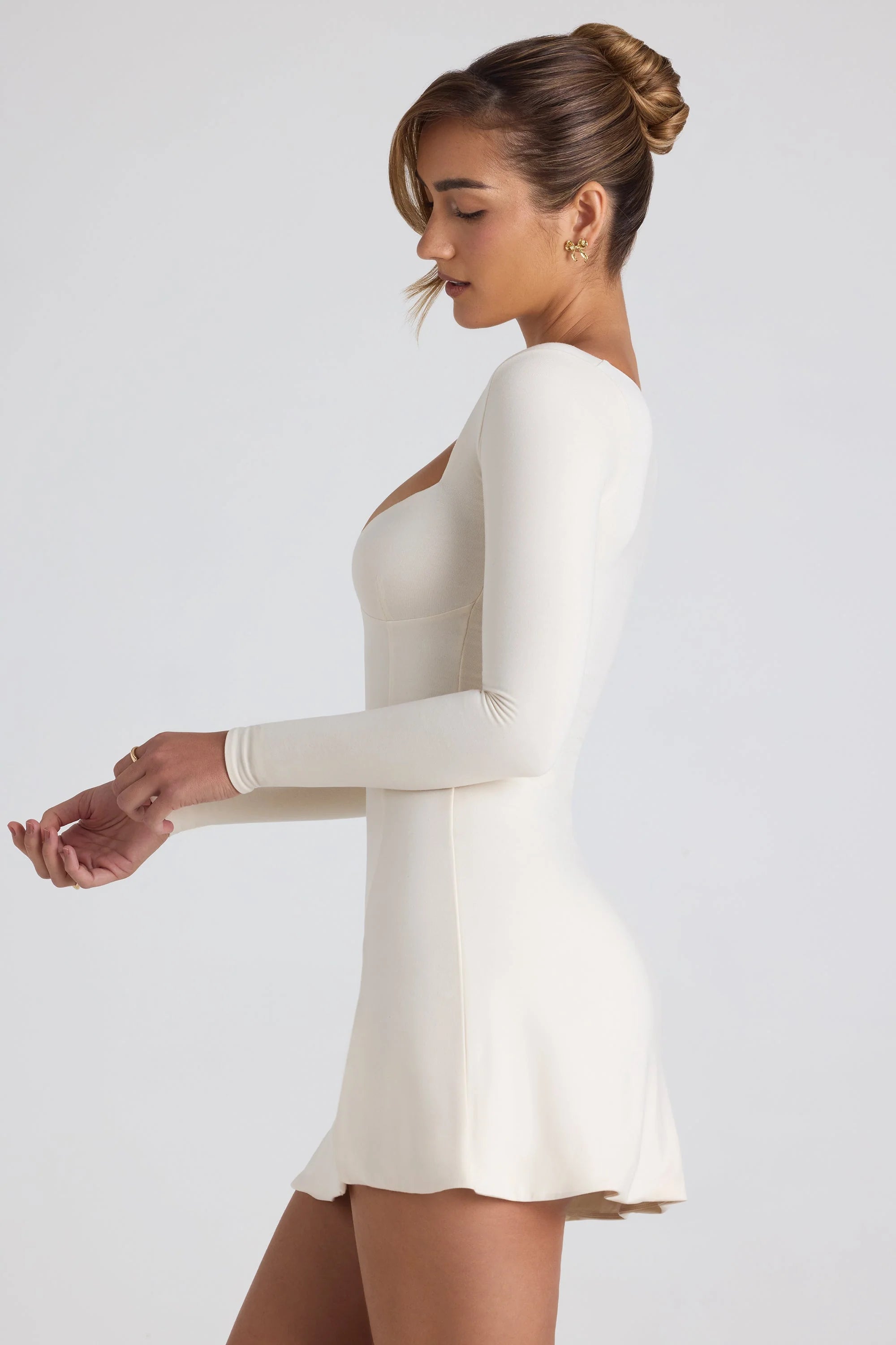 Modal Bow-Embellished Sweetheart-Neck A-Line Mini Dress in Ivory