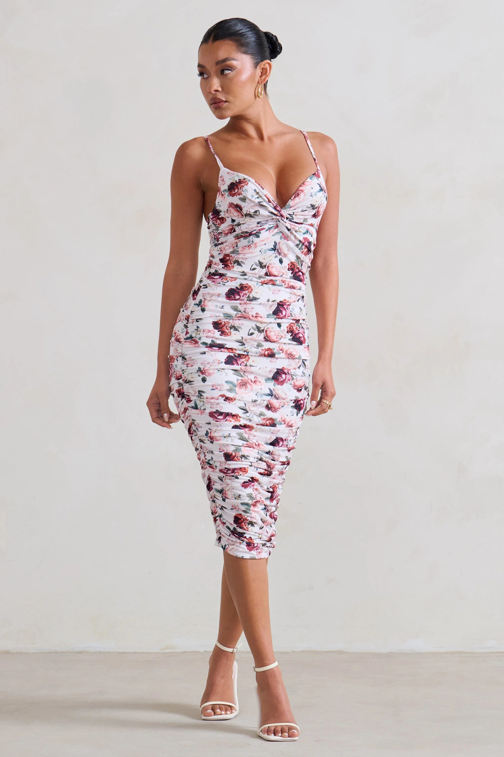 Desired | White Floral Ruched Strappy Midi Dress