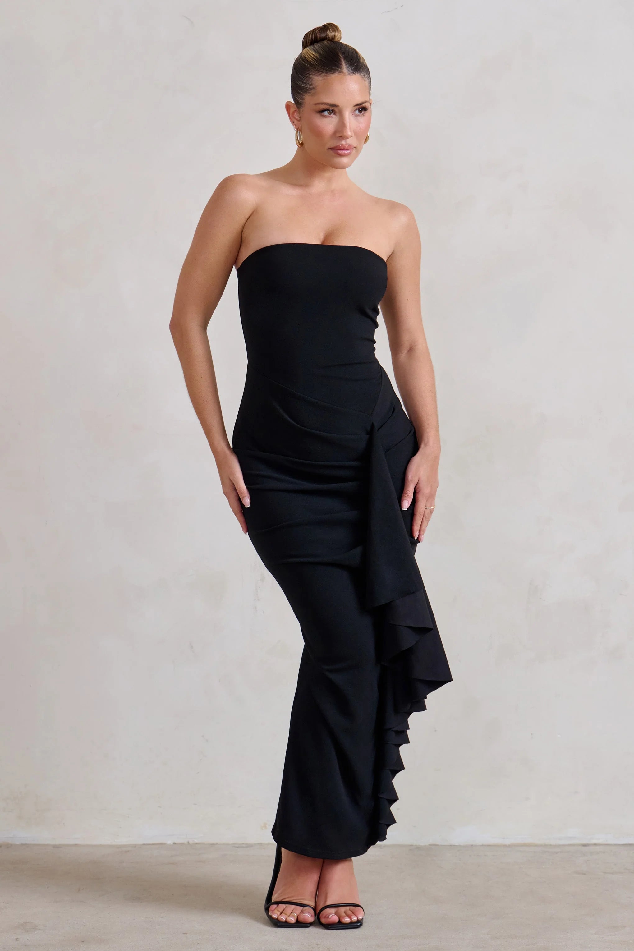 Fleur | Black Bandeau Ruffle Maxi Dress