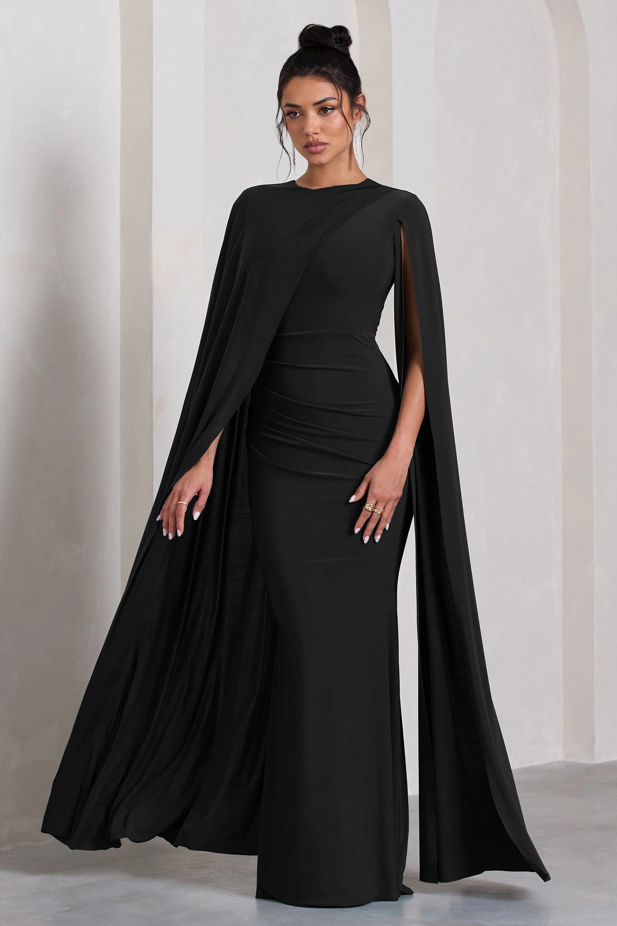 Magdelena | Black Asymmetric Cape Maxi Dress