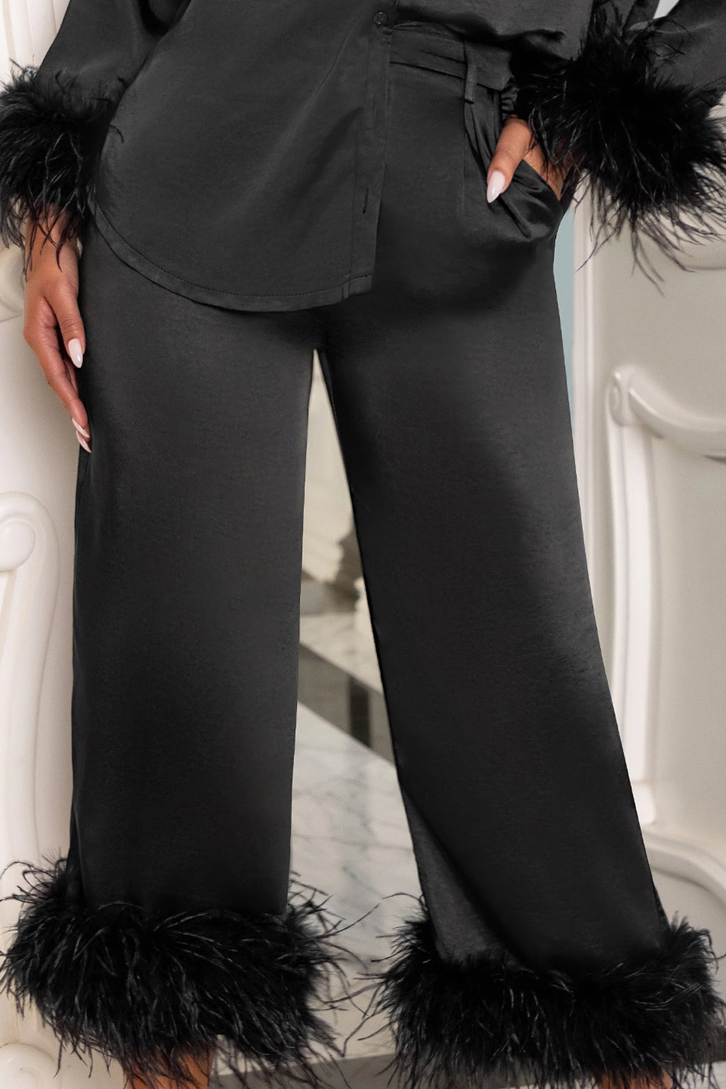 Stand Up | Black Wide Leg Trouser With Feather Trim