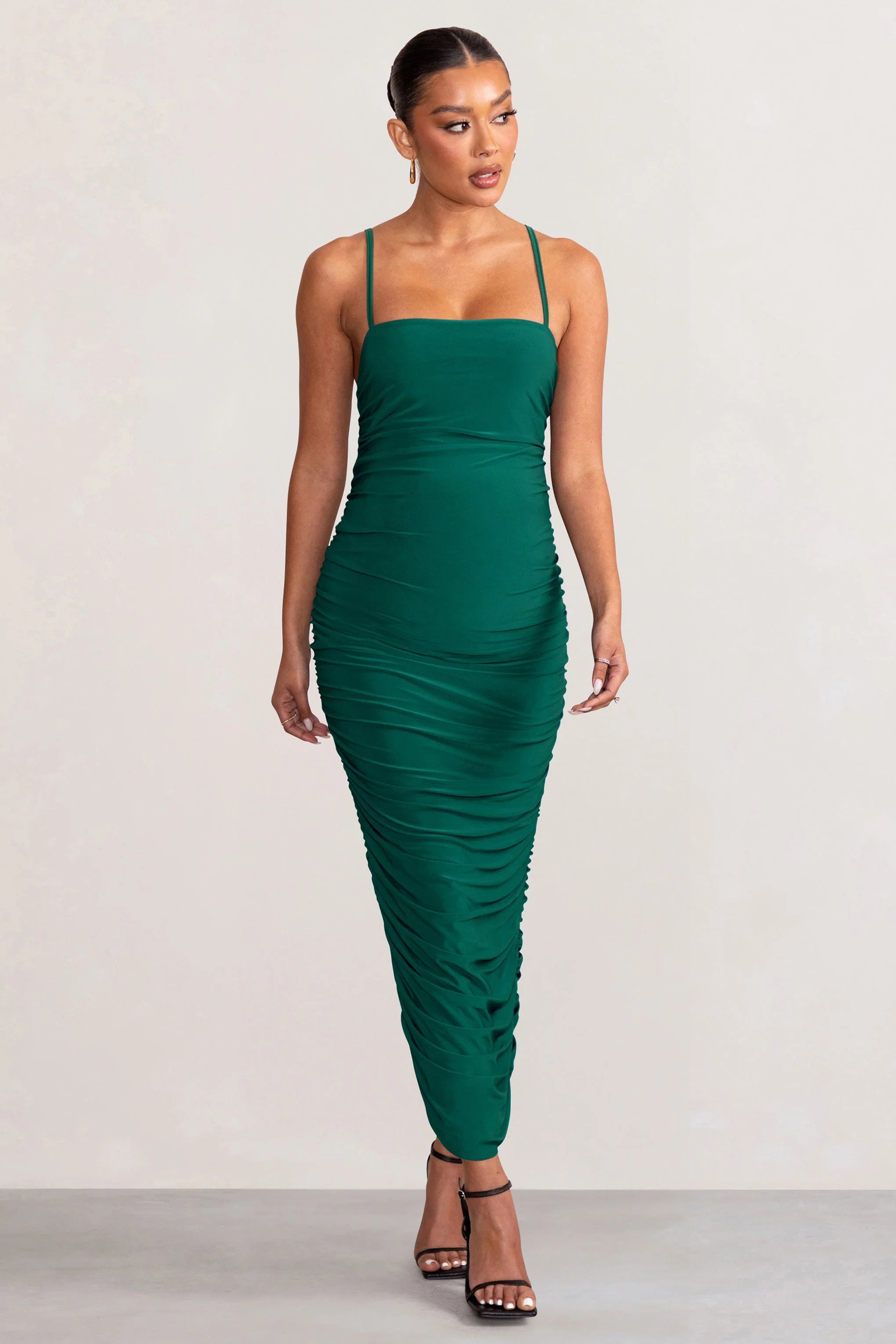 Sentimental | Bottle Green Maternity Midi Dress with Cami Straps and Ruching