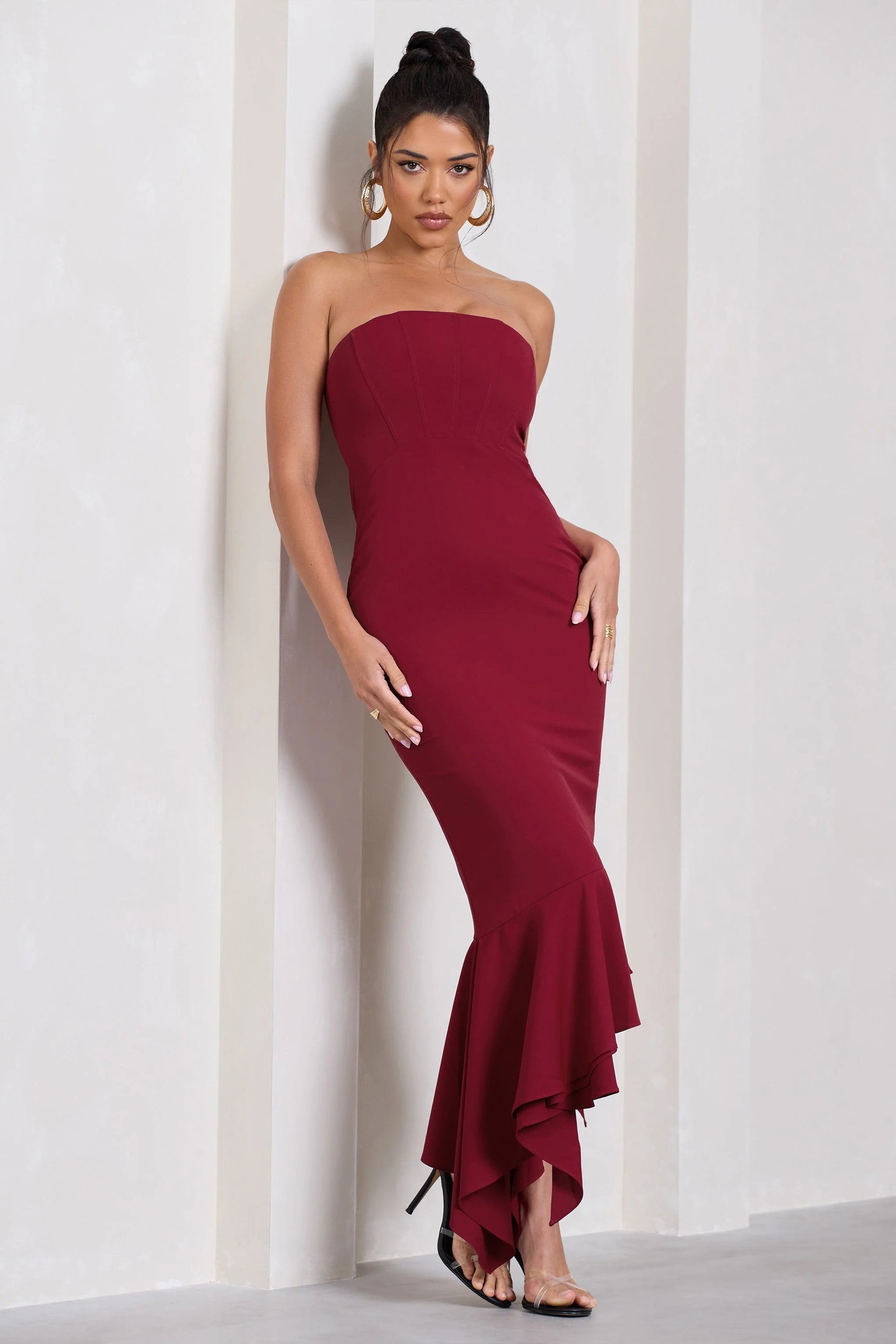 Sandy | Berry Strapless Corset Asymmetric Maxi Dress