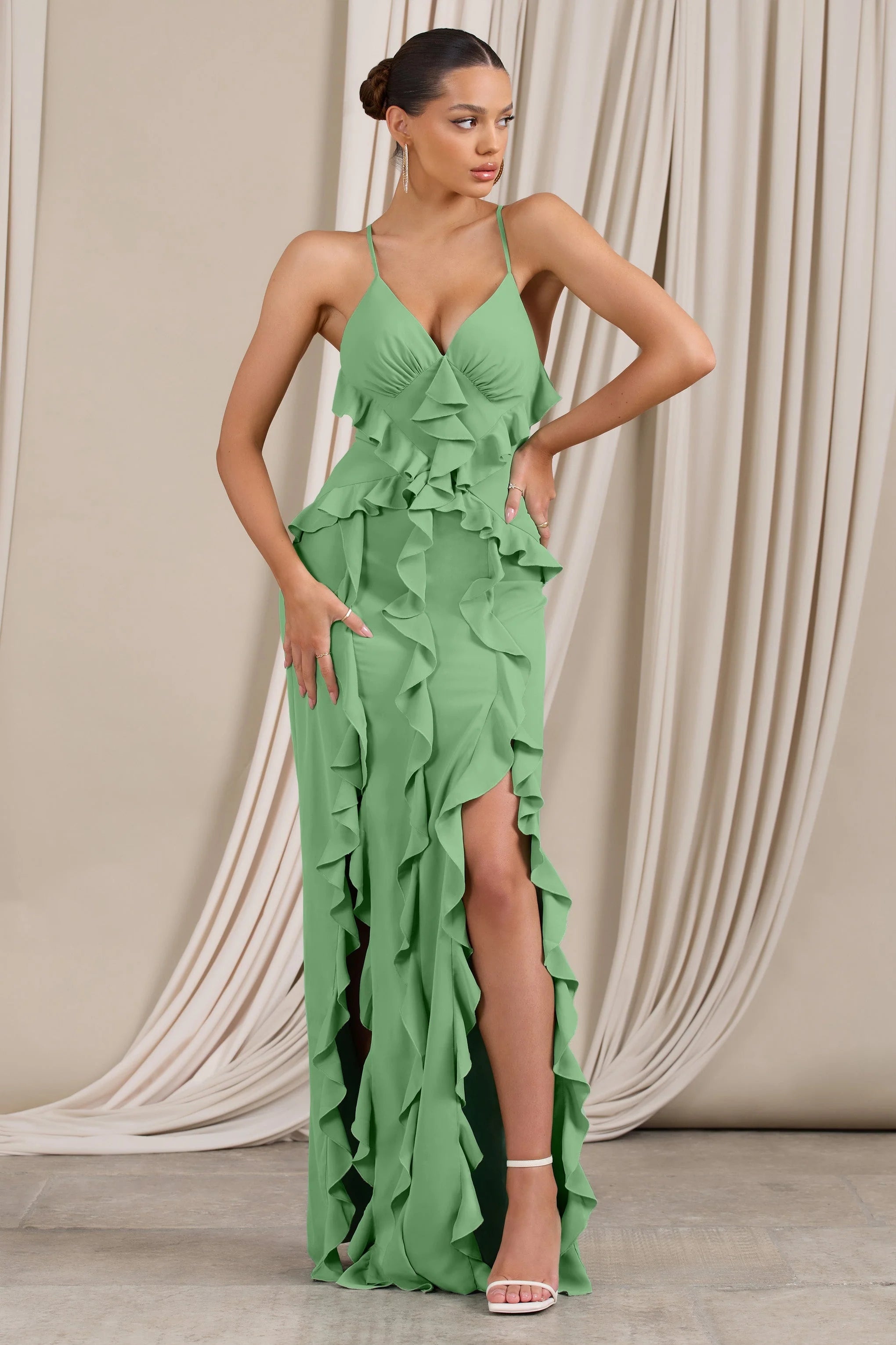 Syrah | Mint Green Chiffon Ruffle Cami Maxi Dress
