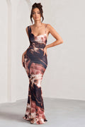 Phantasy | Brown Print Asymmetric Neckline Cowl Maxi Dress