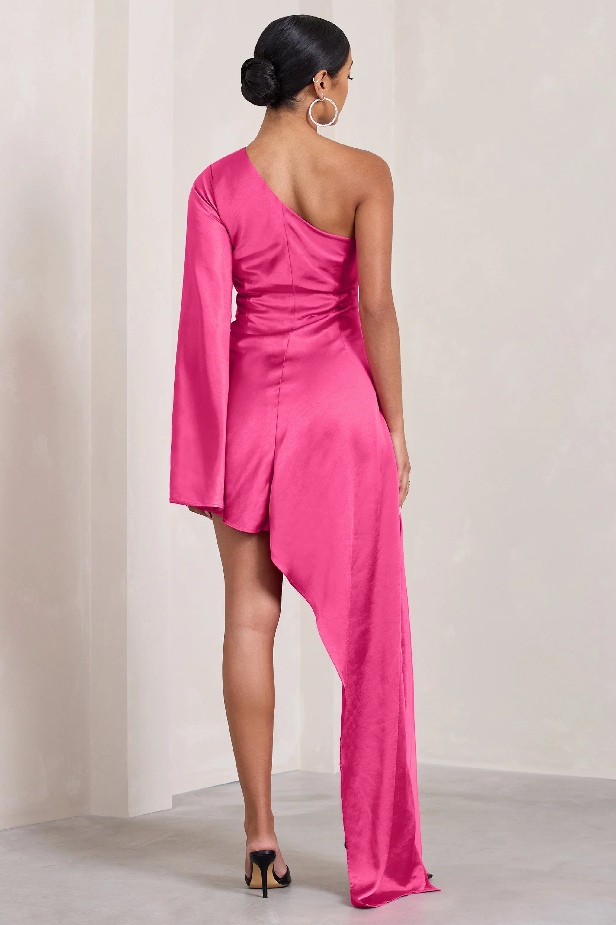 Hanna | Hot Pink Asymmetric Draped Satin Mini Dress