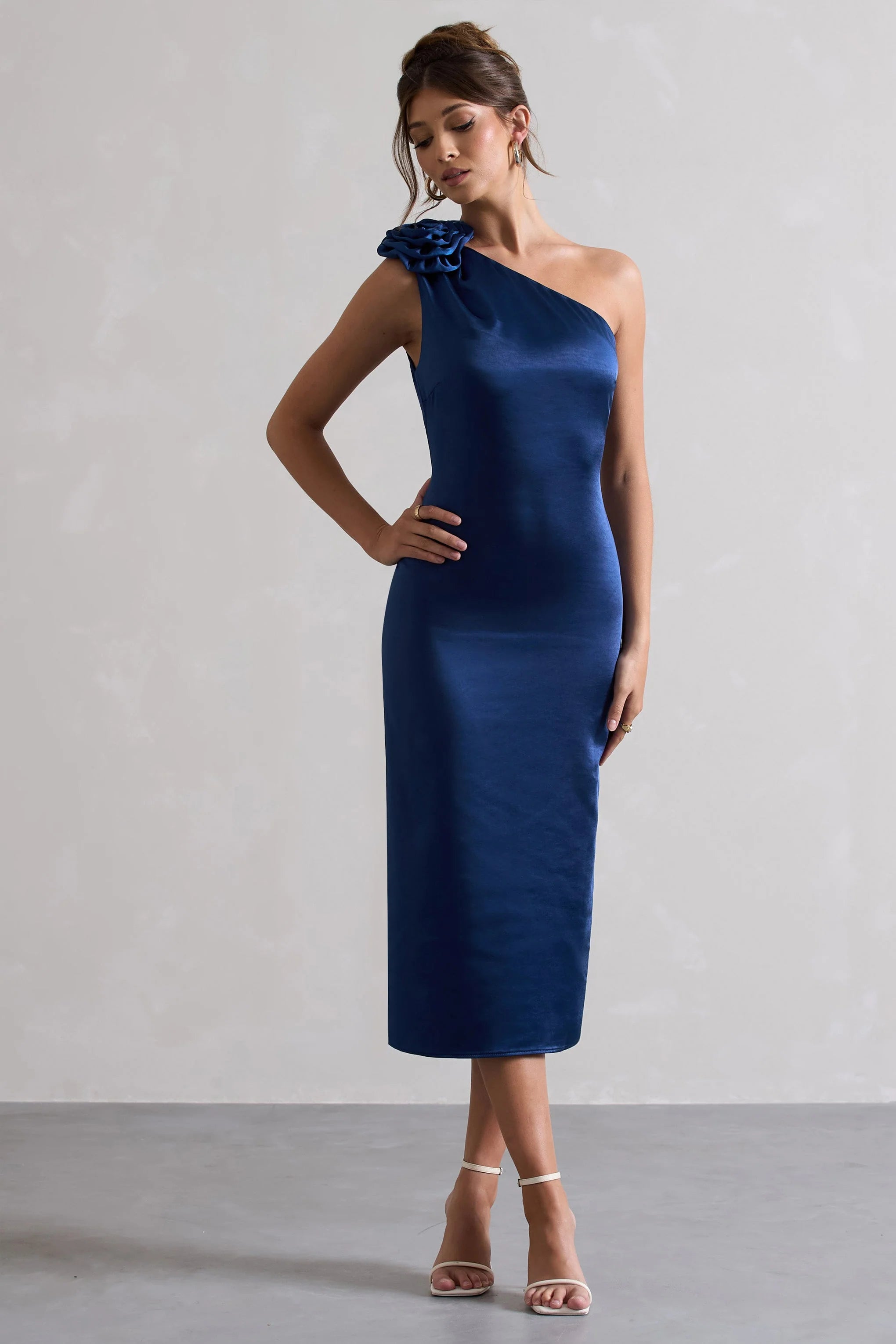 Ascot | Navy Satin Asymmetric Midi Dress With Corsage