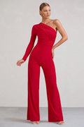 Mila | Red One Shoulder Ruched Wide Leg Jumpsuit