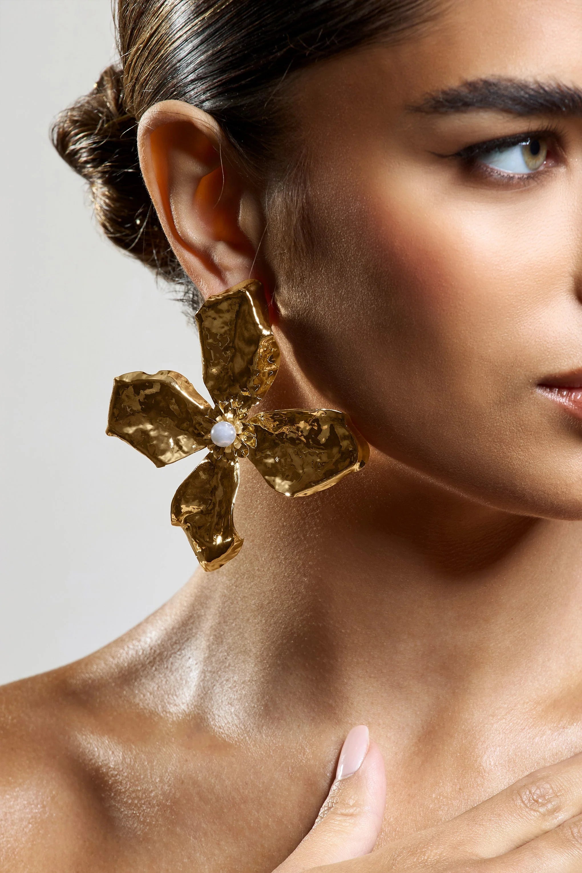 Emry | Gold Pearl Statement Flower Earrings