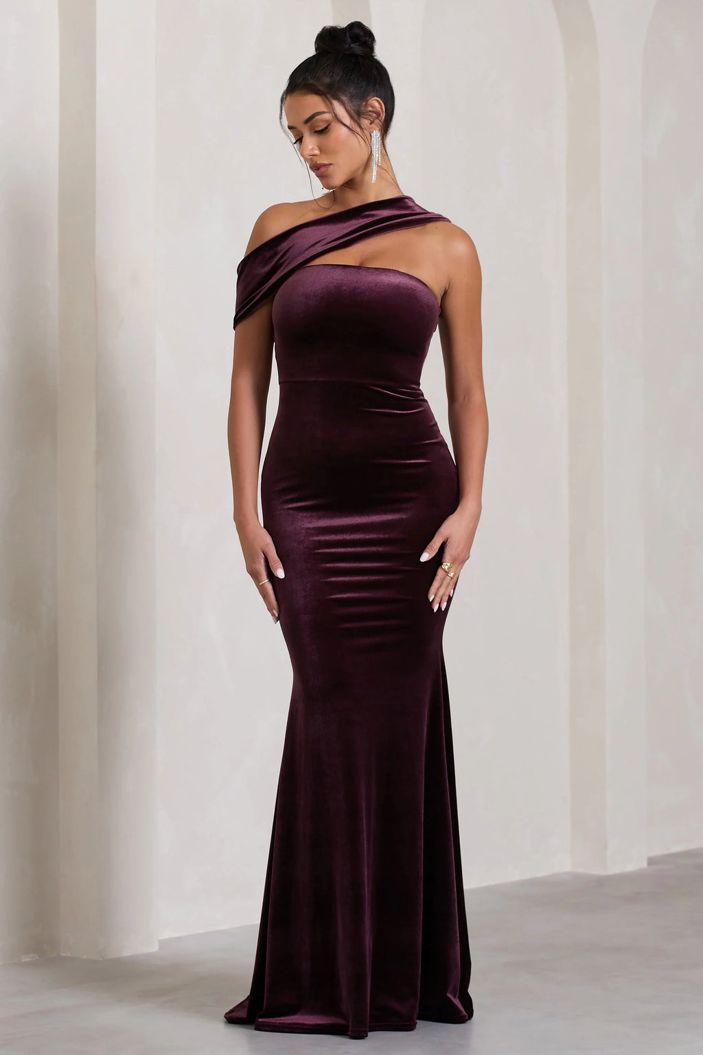 Candela | Port Velvet Asymmetric Bardot Maxi Dress