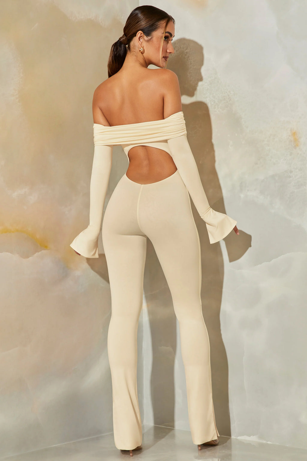 Petite Long Sleeve Open Back Jumpsuit in Stone