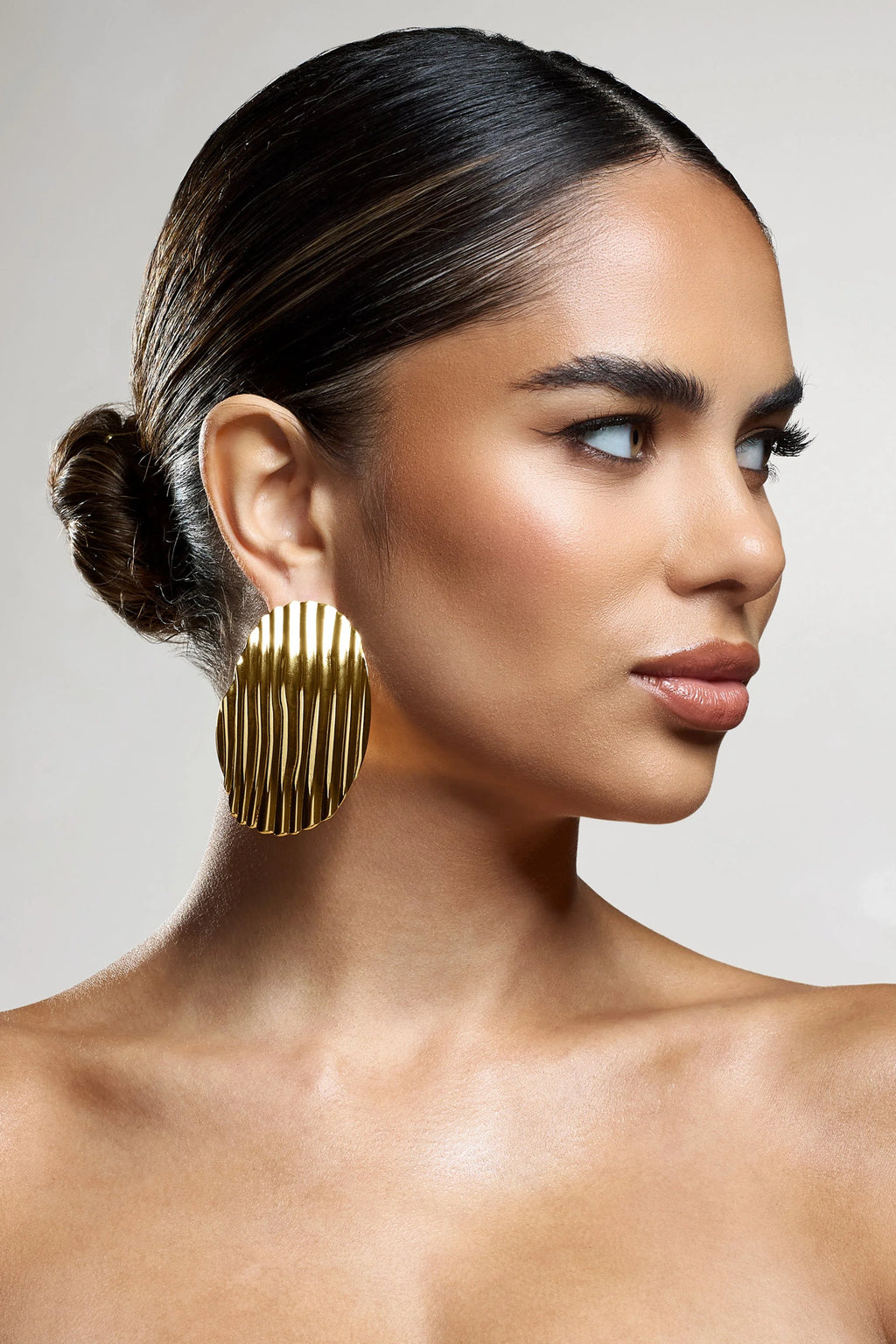 Sarla | Gold Textured Ribbed Statement Oval Earrings