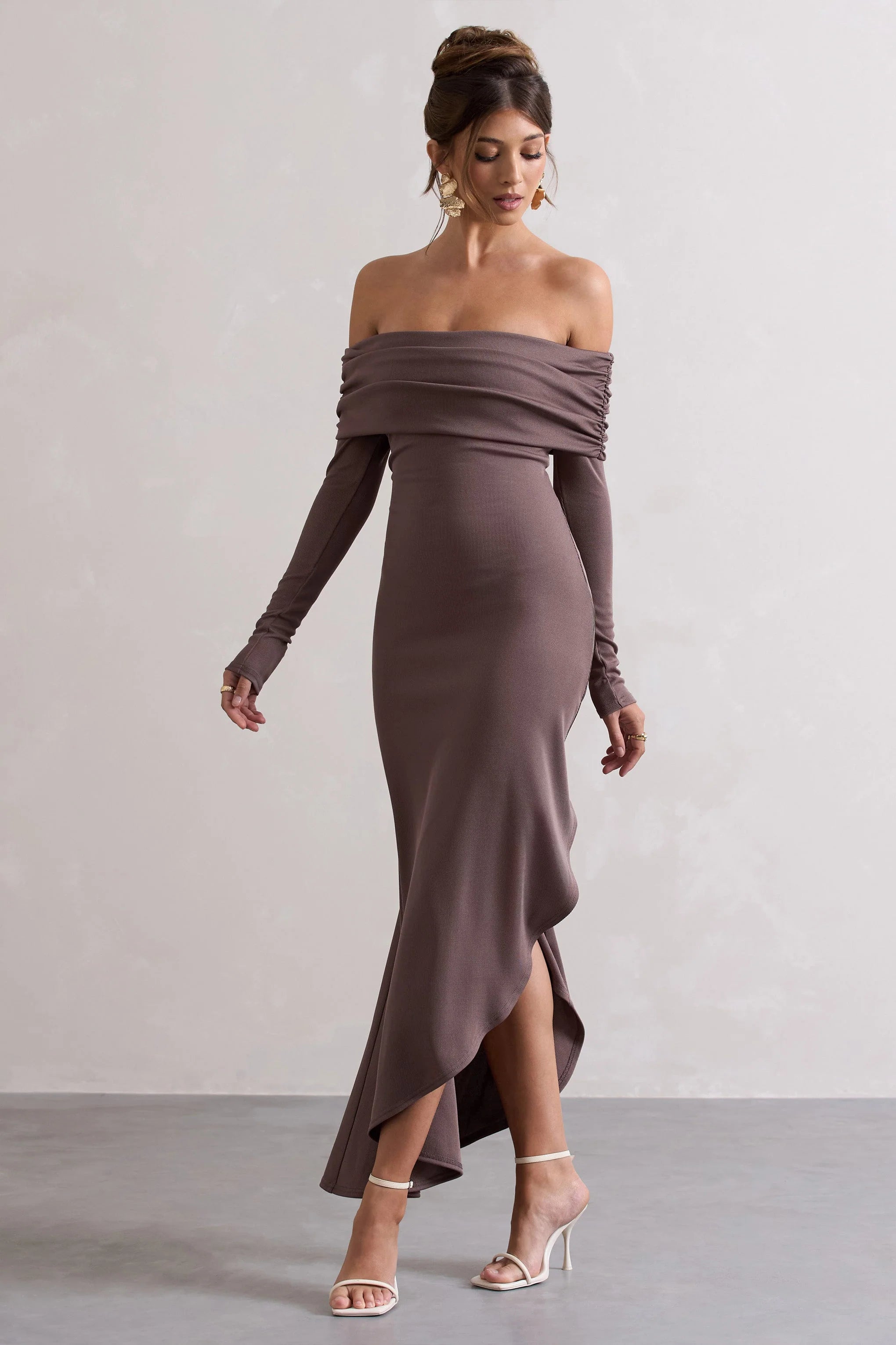 Romina | Mocha Rib Knit Bardot Maxi Dress With Asymmetric Hem
