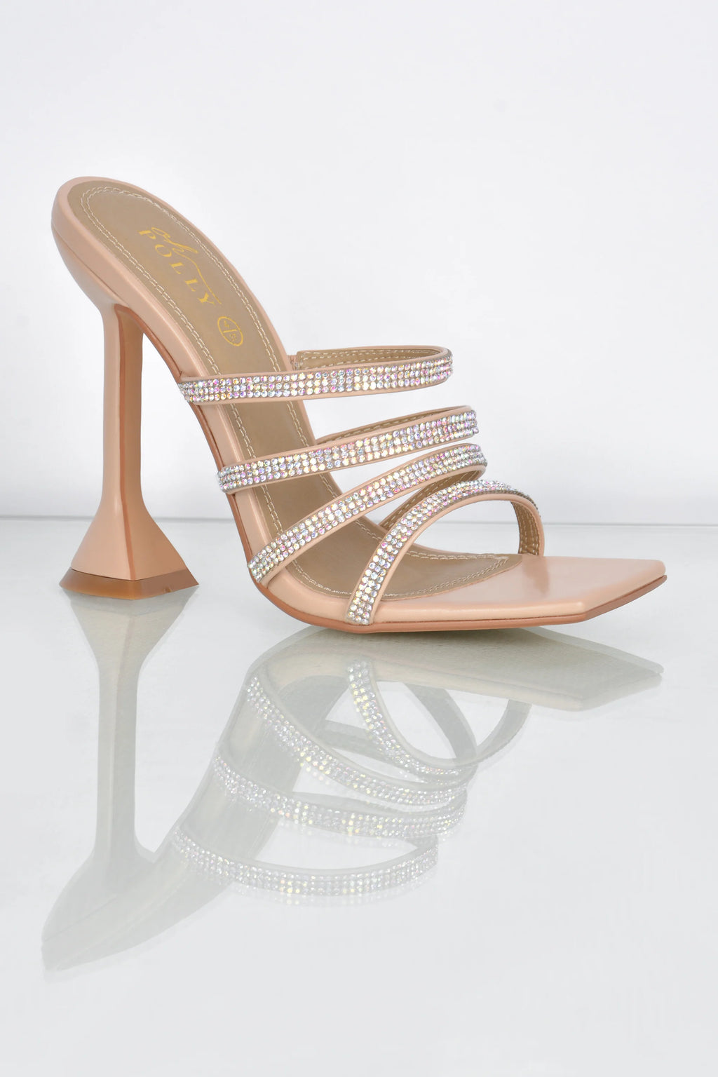 Raise The Bar Diamante Embellished Mule Heels in Nude