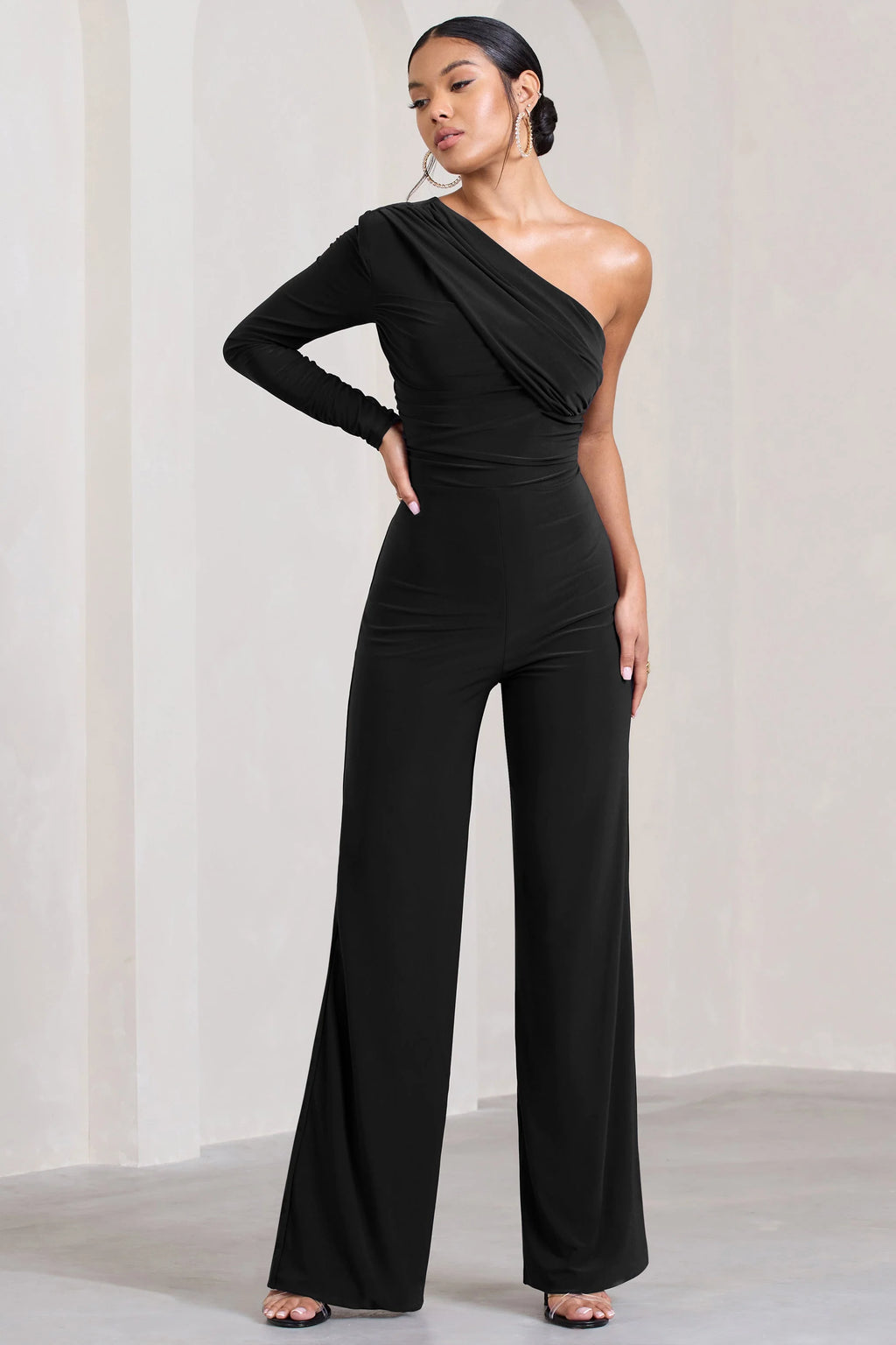 Mila | Black One Shoulder Ruched Wide Leg Jumpsuit