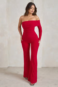 Margie | Red One Sleeve Bardot Jumpsuit