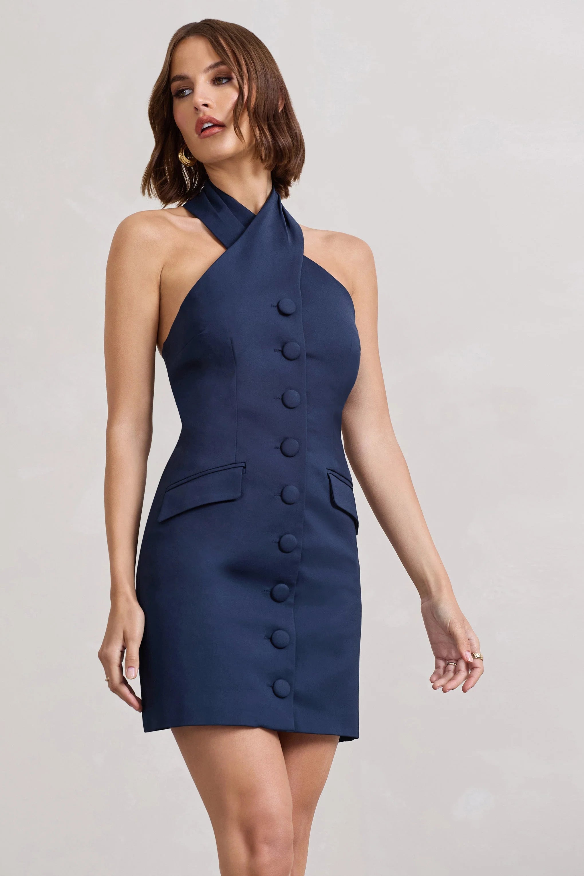 Dani | Navy Halter Neck Tailored Buttoned Bodycon Mini Dress
