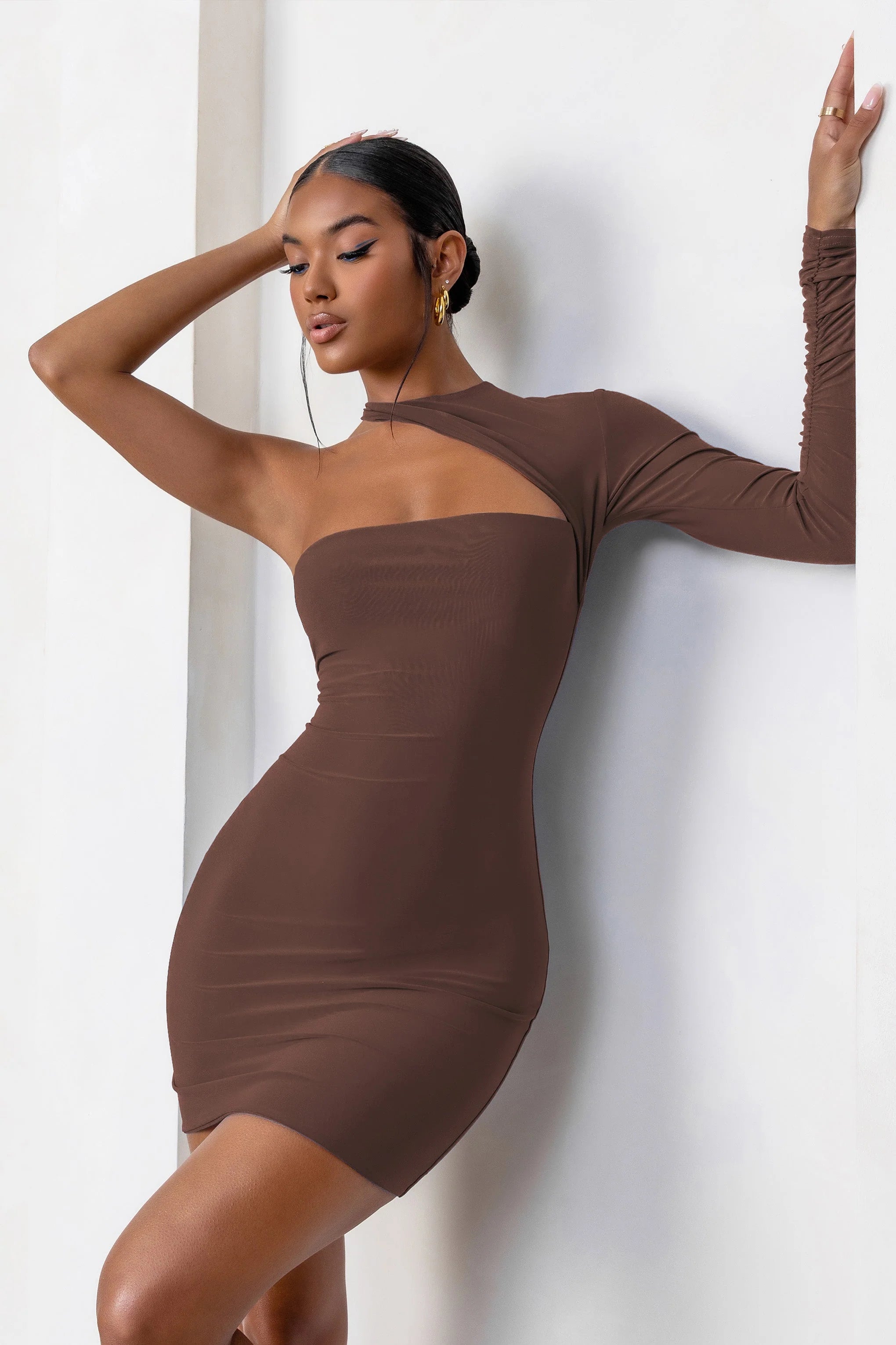 Perfect Touch | Chocolate One Shoulder Long Sleeve Mini Dress