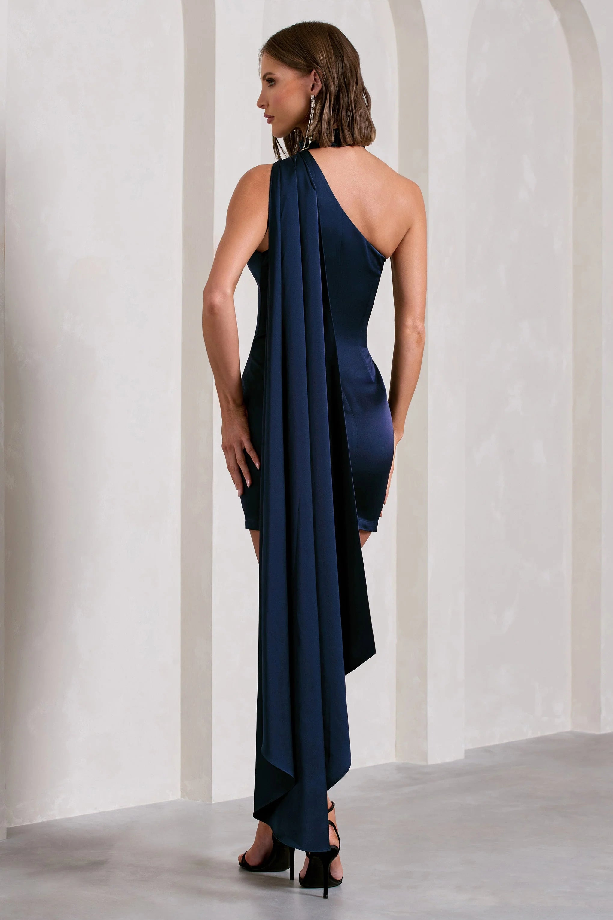 Natalie | Navy Satin Asymmetric Mini Dress With Scarf Detail