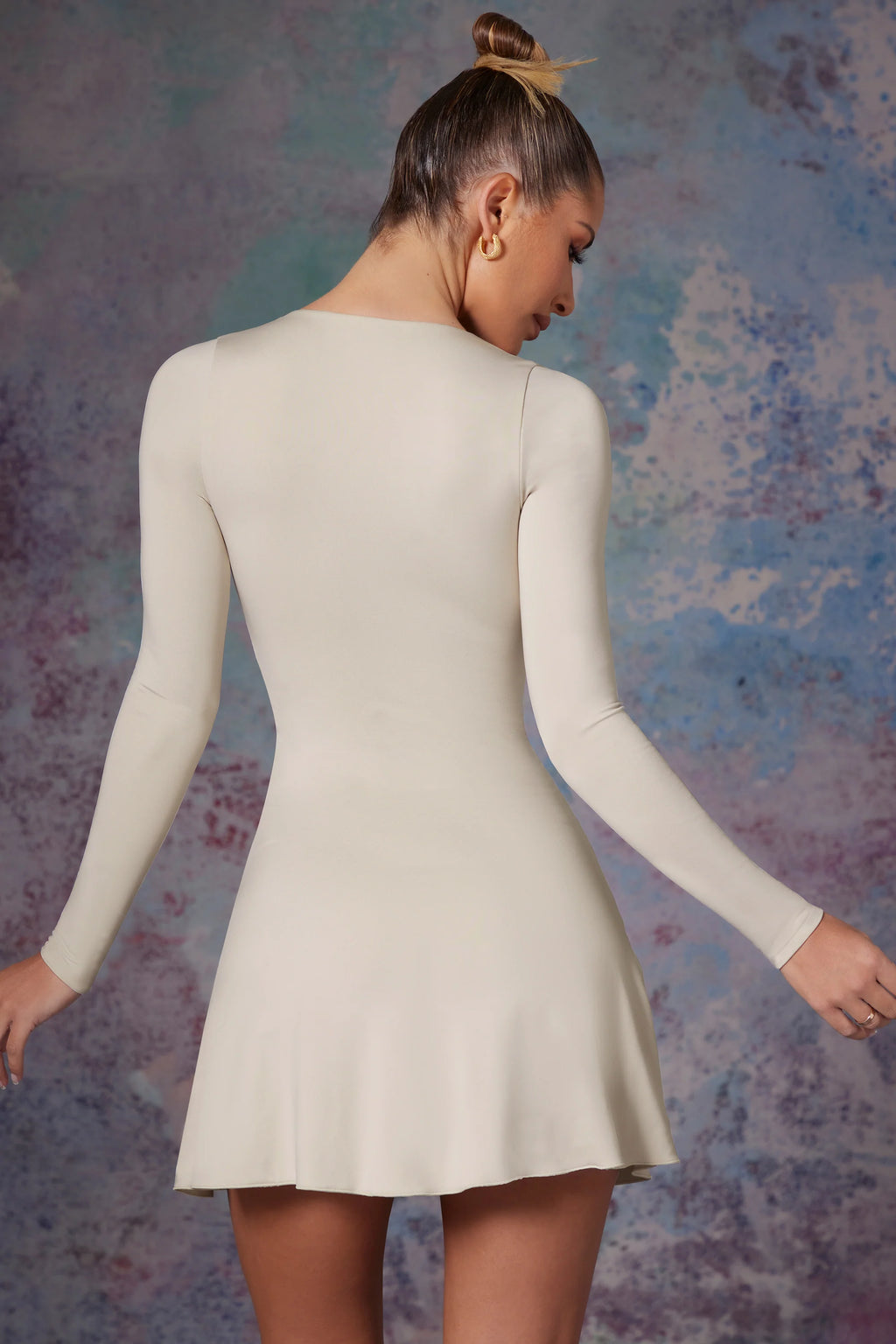 Long Sleeve Waterfall Skirt Mini Dress in Stone