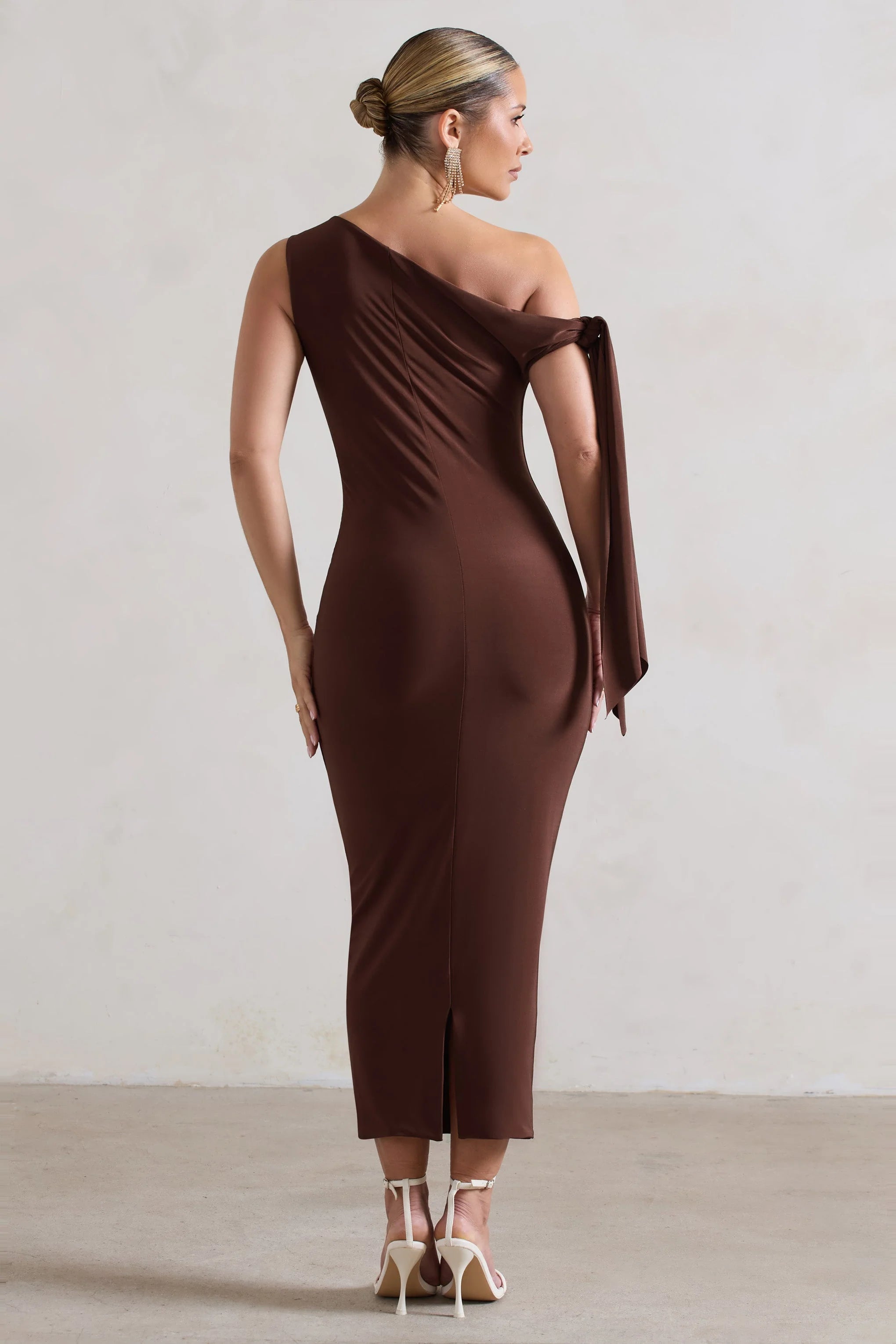 Adapt | Chocolate Brown Asymmetric Midi Dress With Tie Sleeve