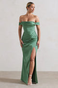 Katia | Soft Green Satin Bardot Fishtail Maxi Dress