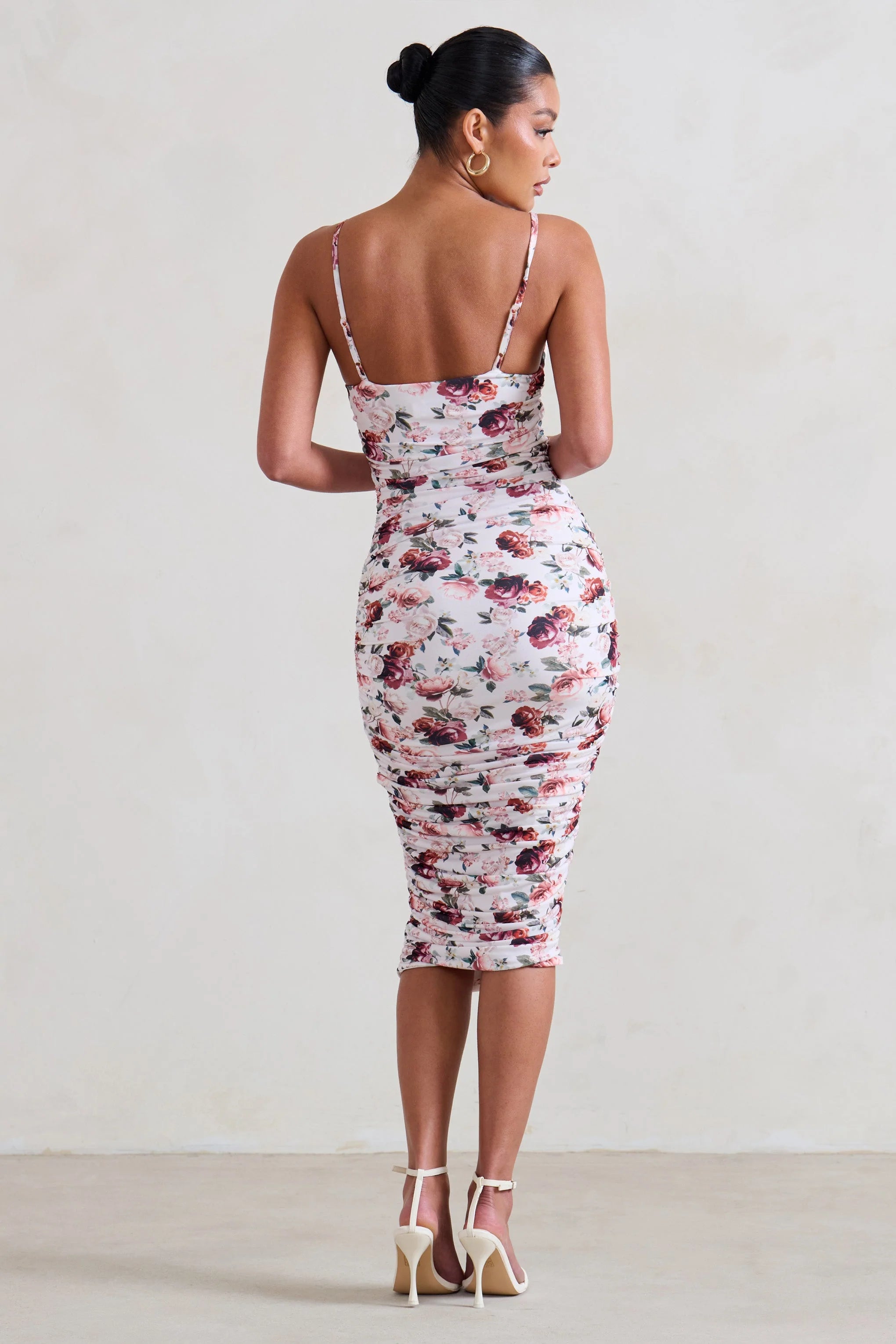 Desired | White Floral Ruched Strappy Midi Dress
