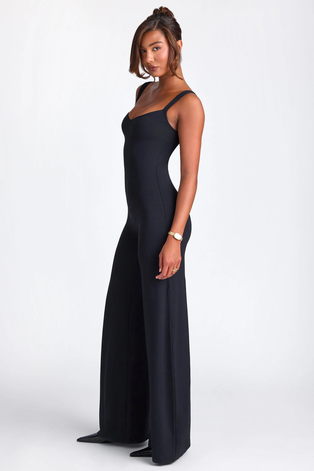 Petite Modal Sweetheart Neckline Wide Leg Jumpsuit in Black