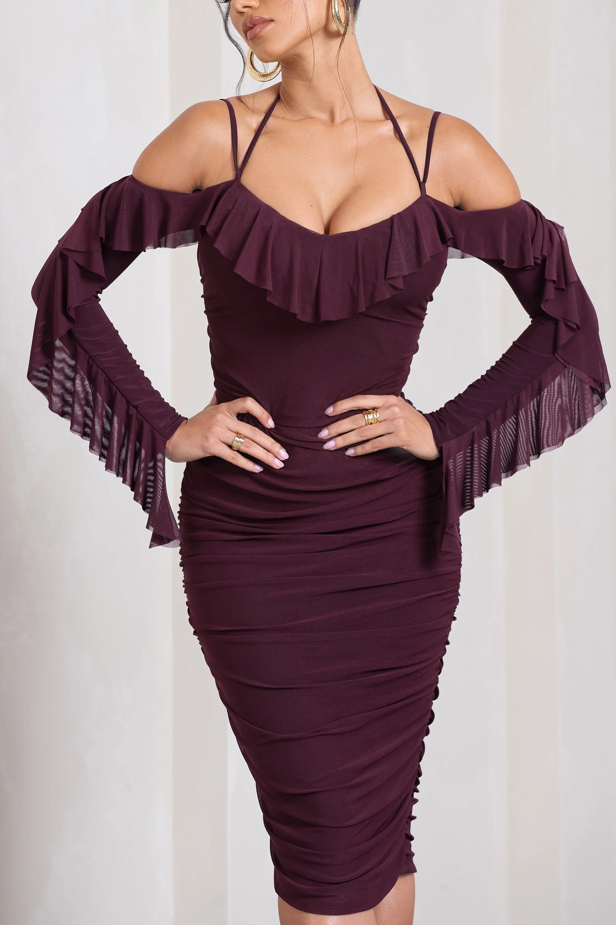 Quinn | Dark Cherry Ruched Strappy Long-Sleeved Midi Dress With Ruffles