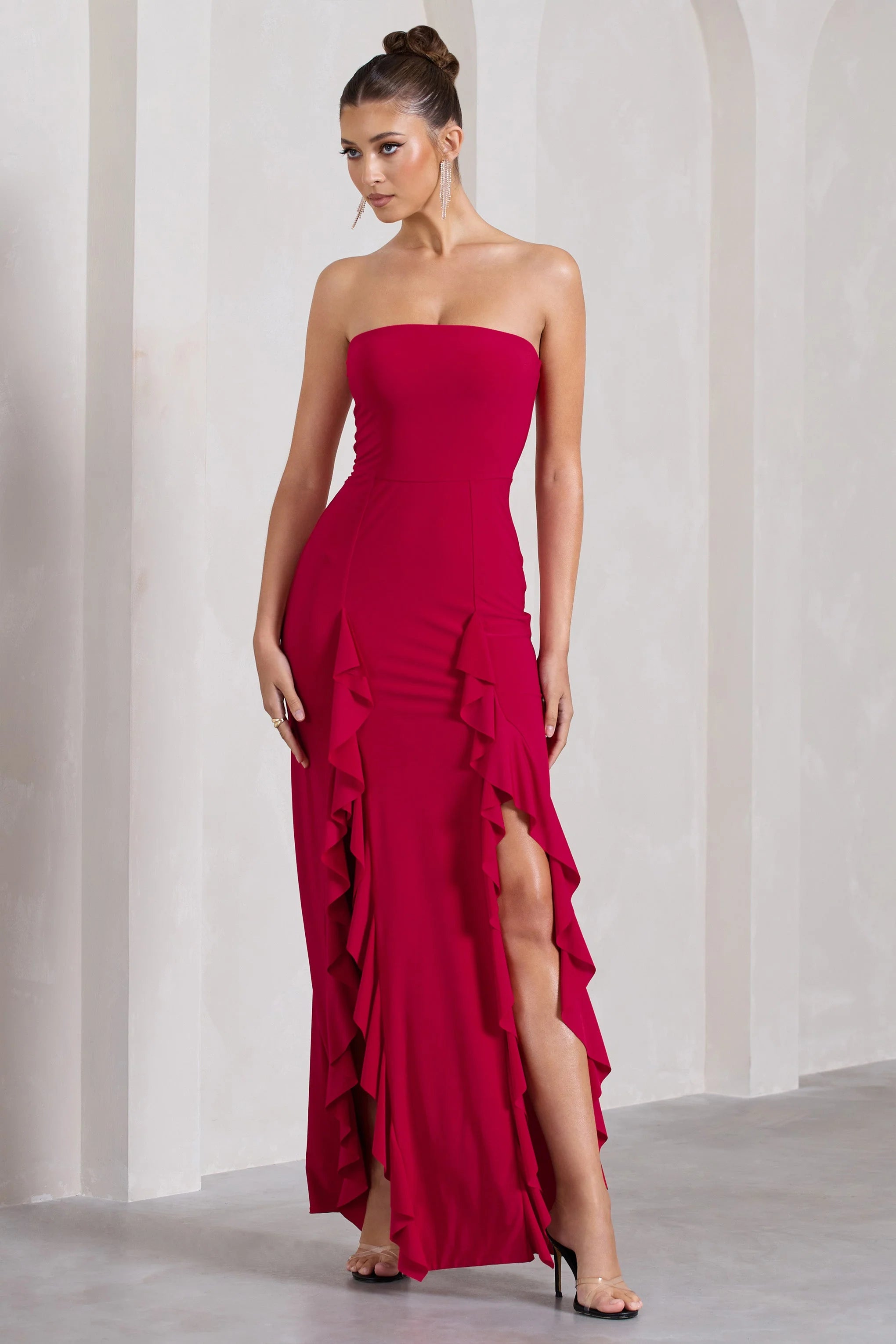 Susan | Red Bandeau Maxi Dress With Ruffled Splits