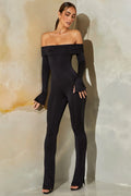 Petite Long Sleeve Open Back Jumpsuit in Black
