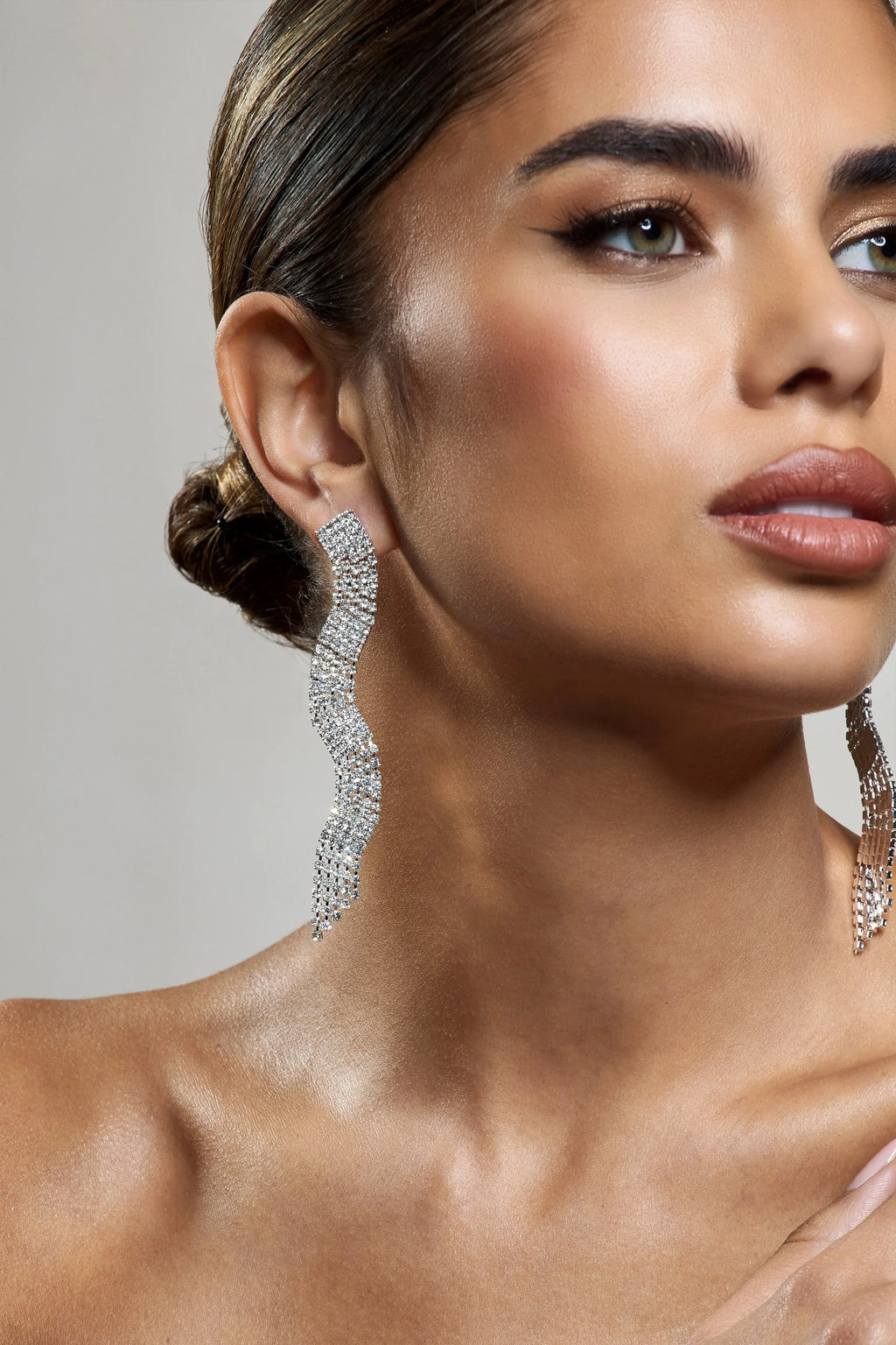 Swirl | Silver Diamante Curve Tassel Earrings