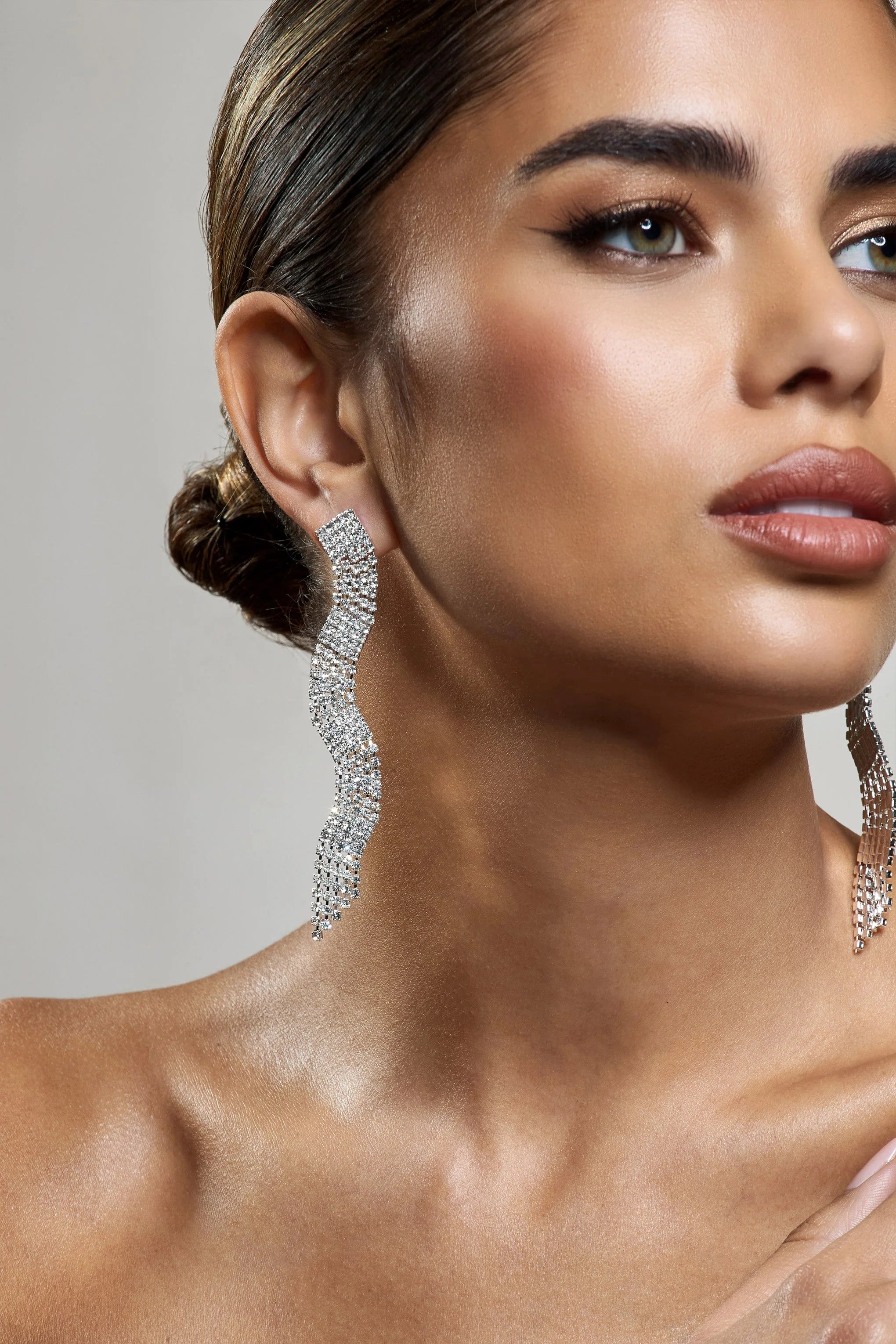 Swirl | Silver Diamante Curve Tassel Earrings