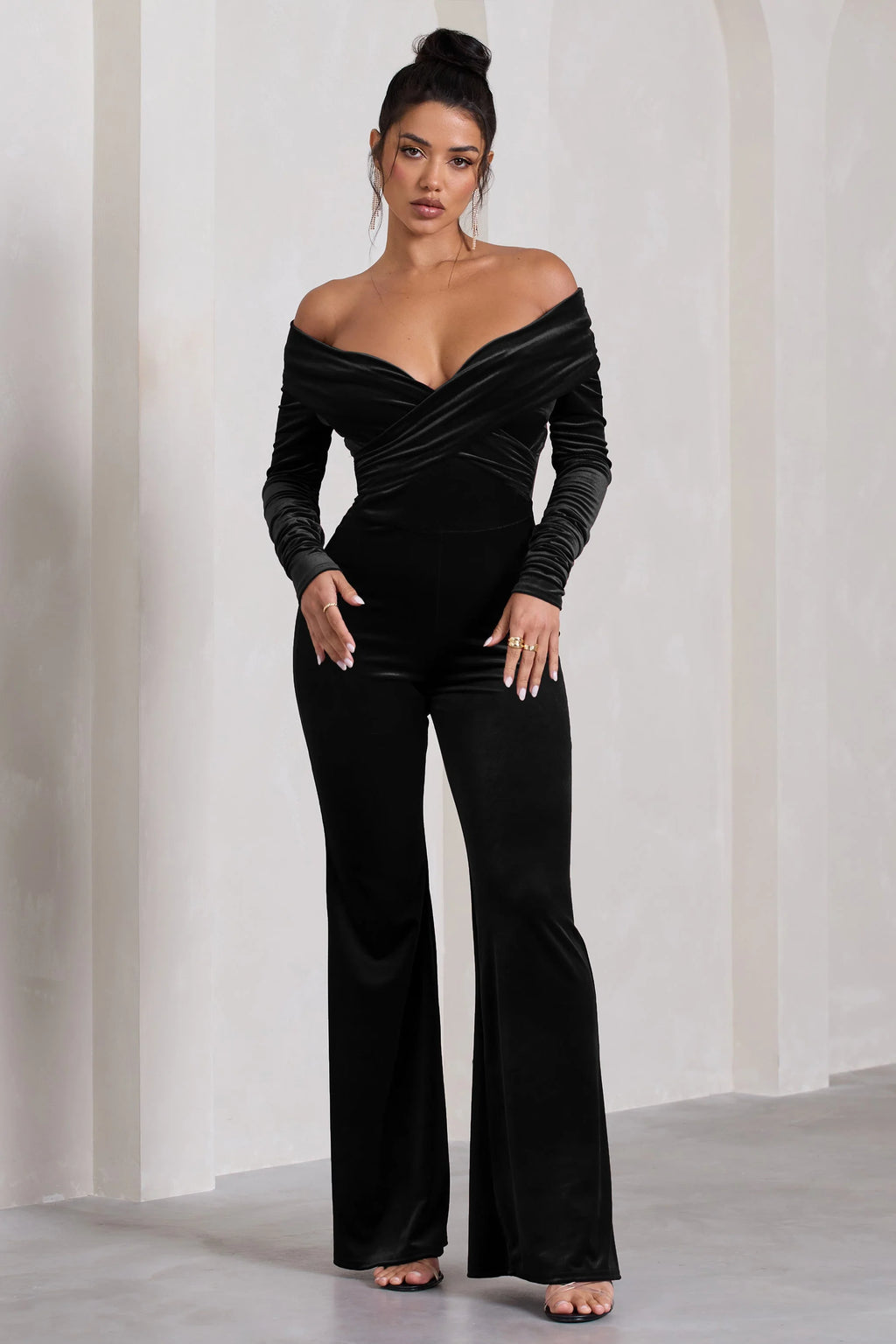 Borealis | Black Velvet Long-Sleeved Bardot Jumpsuit