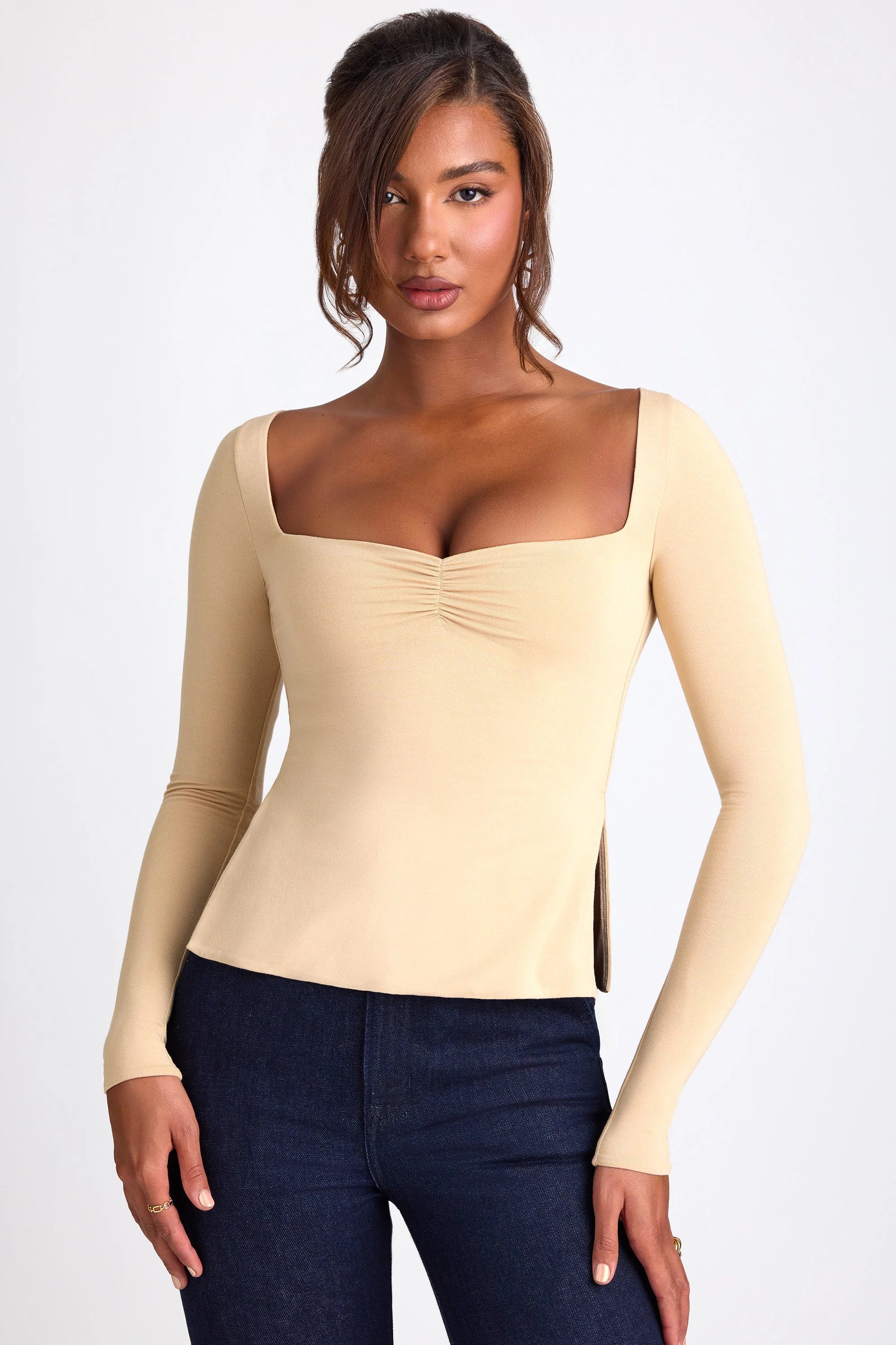 Modal Sweetheart Neckline Long Sleeve Top in Sand