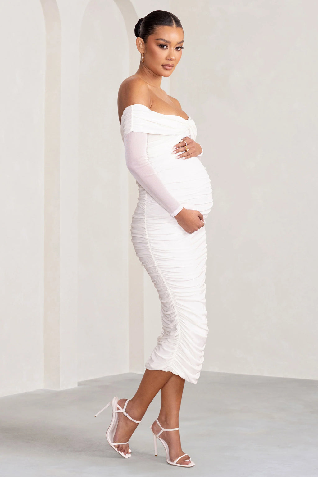 Neva | White Bardot Twist Maternity Midi Dress