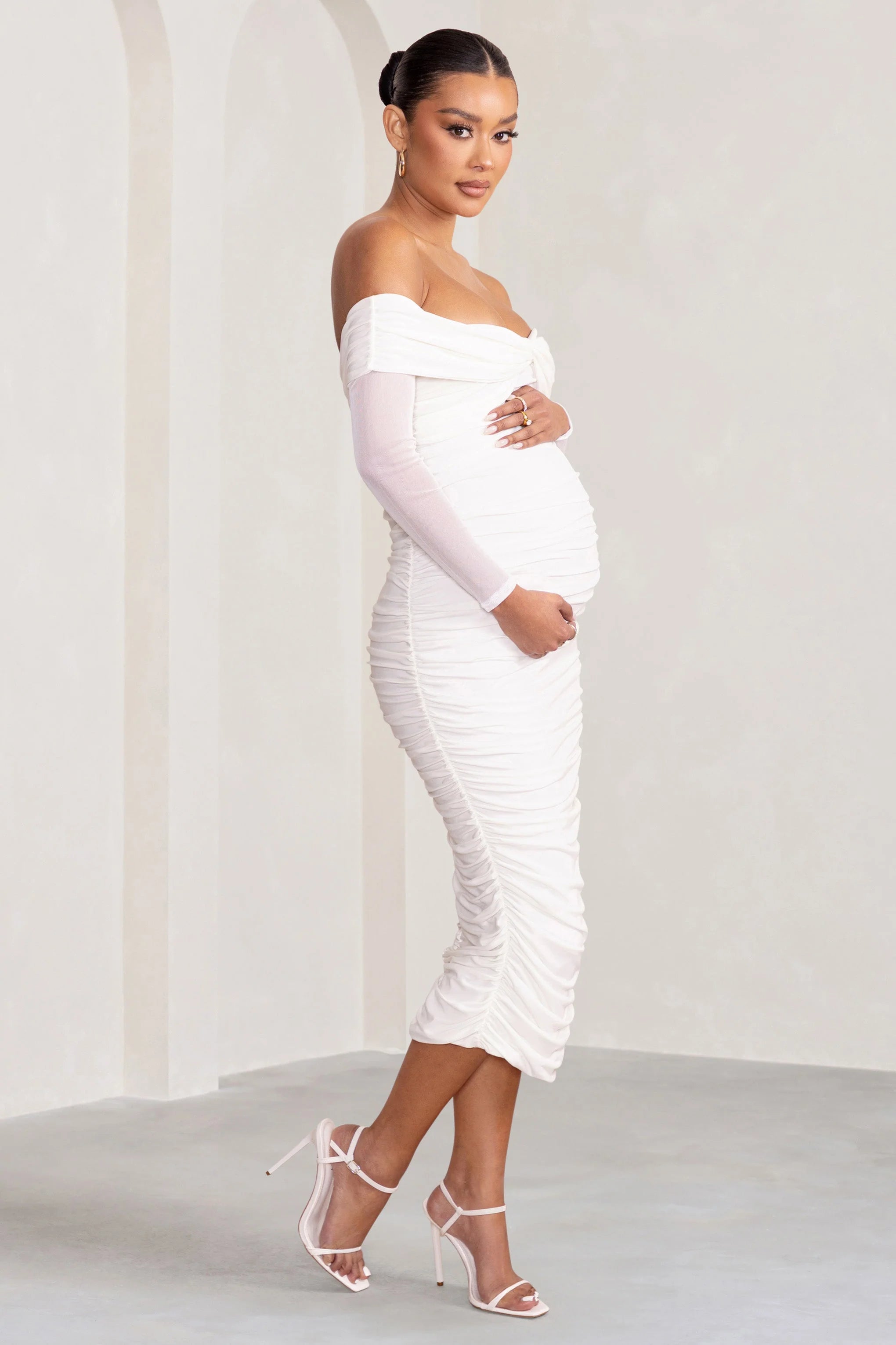 Neva | White Bardot Twist Maternity Midi Dress