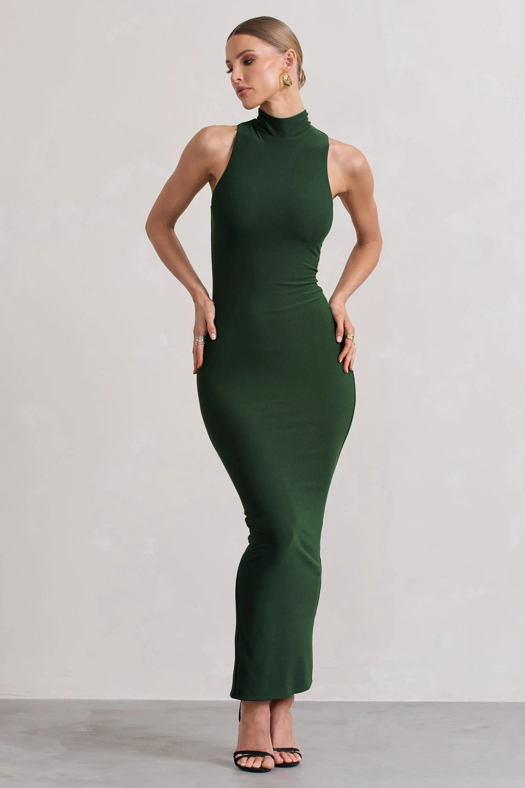 Mindy | Dark Green Bodycon High-Neck Maxi Dress