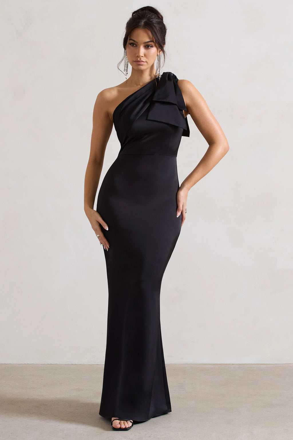 Lady | Black Satin Asymmetric Maxi Dress With Bow
