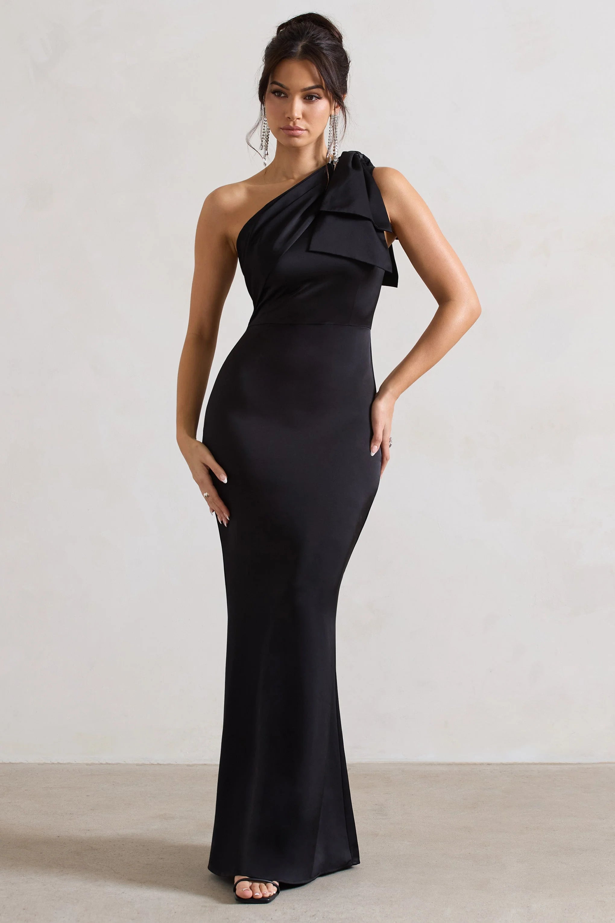 Lady | Black Satin Asymmetric Maxi Dress With Bow