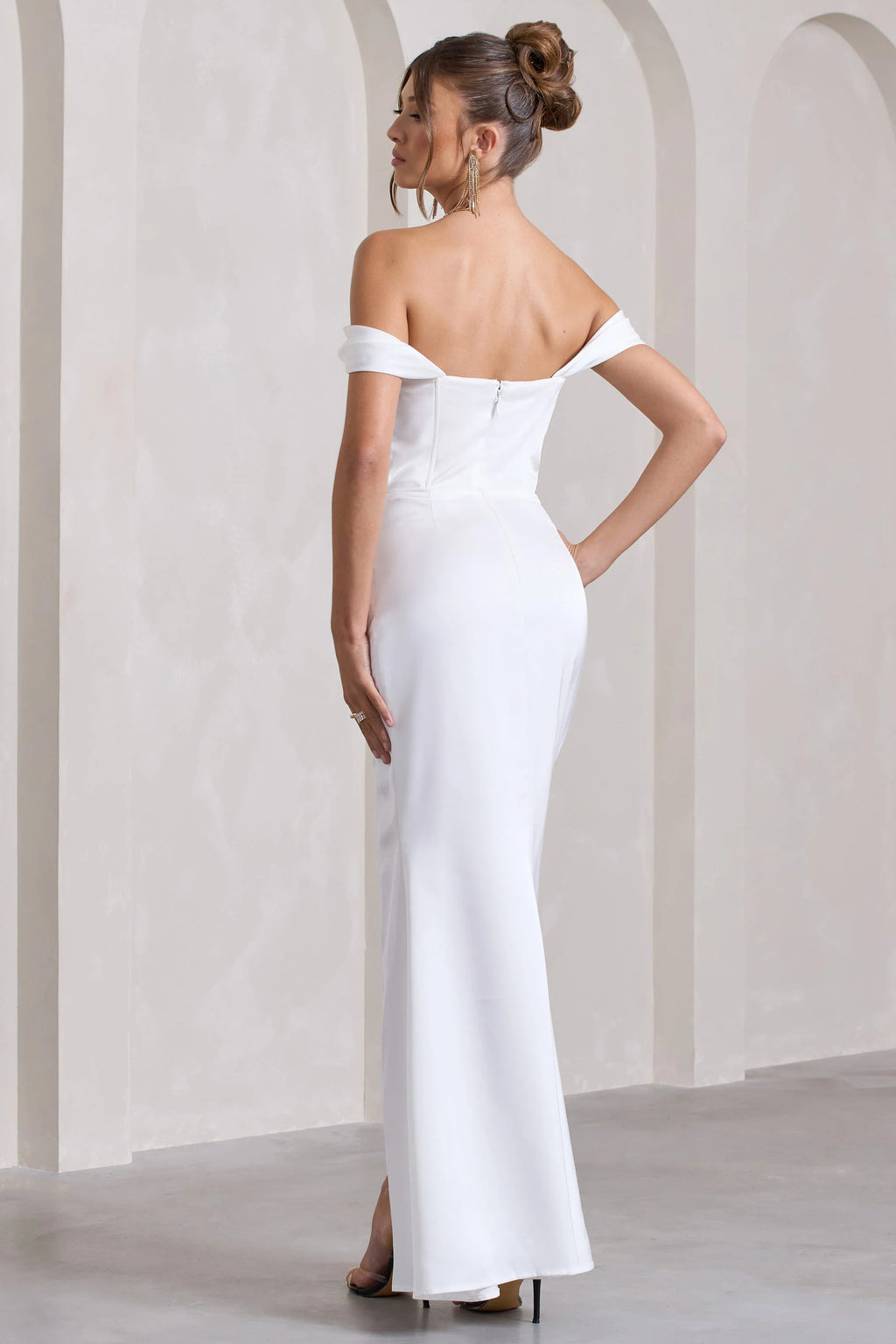 Kimberly | White Bardot Fishtail Satin Maxi Dress